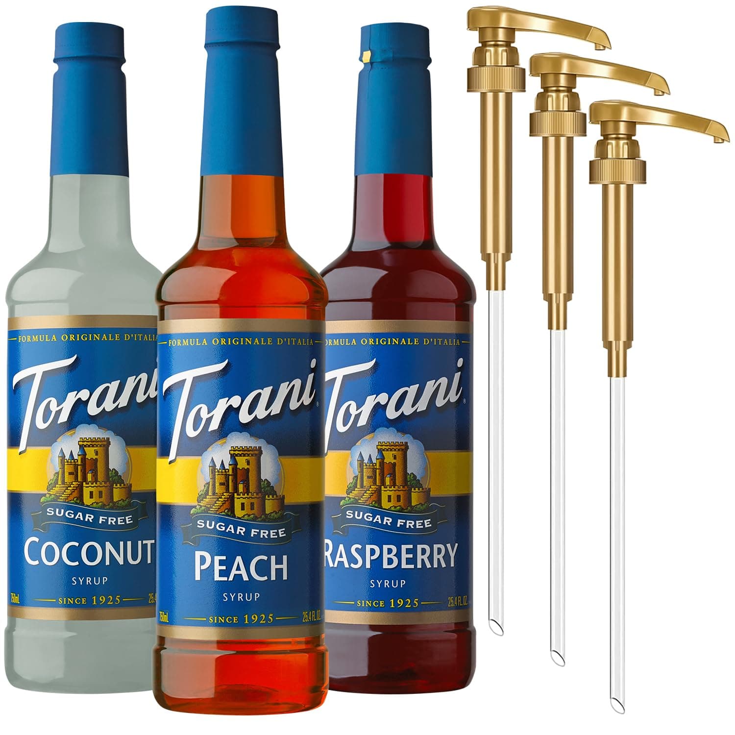 Torani Sugar Free Syrup Variety 3-Pack, Peach, Coconut, and Raspberry Syrup for Drinks, Zero Calories, Pumps Included, 25.4 Fl Oz Ea