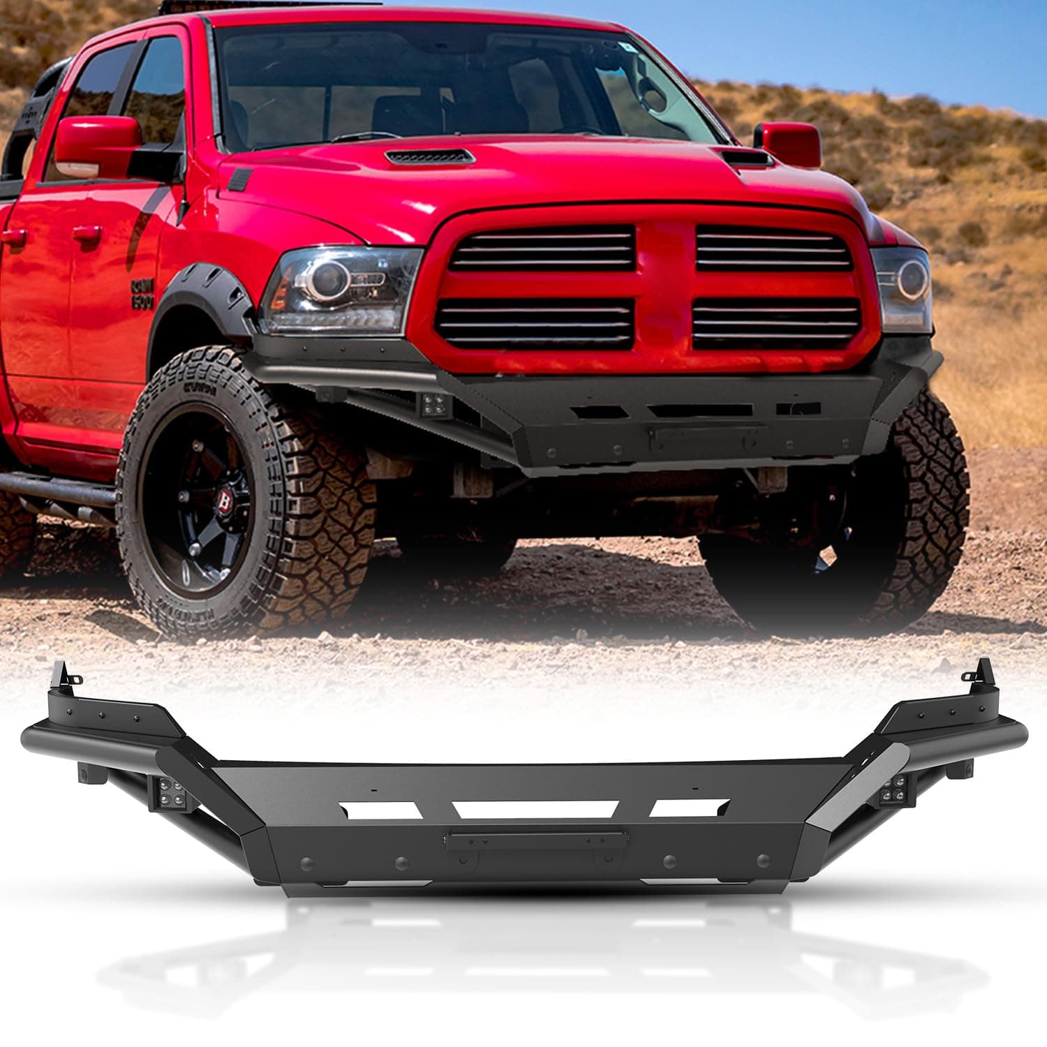 Front Bumper for 2013-2018 Dodge RAM 1500 Pickup Truck(Excluding Rebel) / 2019-2024 RAM 1500 Classic(Excluding Warlock) Heavy Duty Steel Bumper with LED Pod Lights