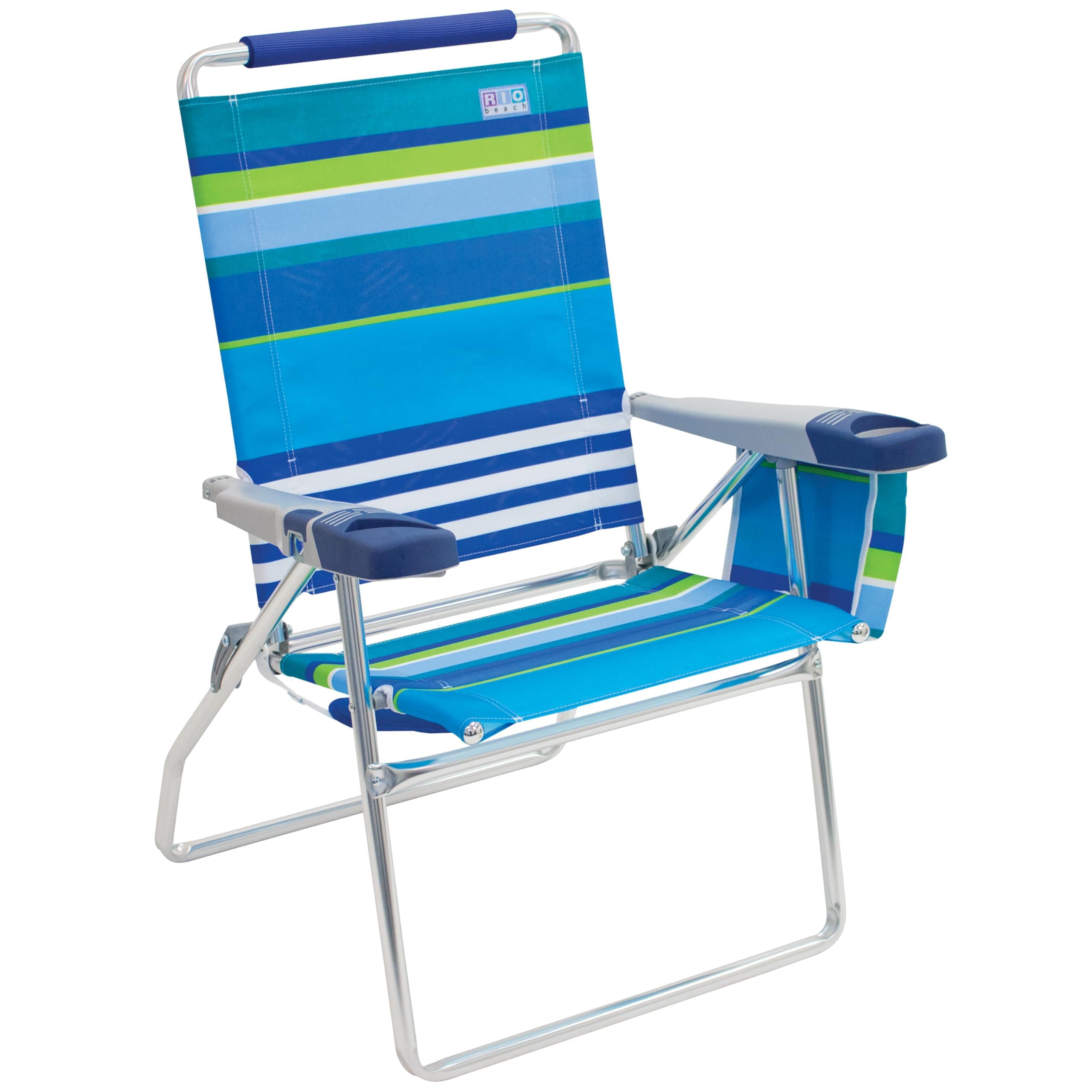 17" Extended Height 4-Position Folding Beach, Camping, Lawn Chair, Blue/White/Green