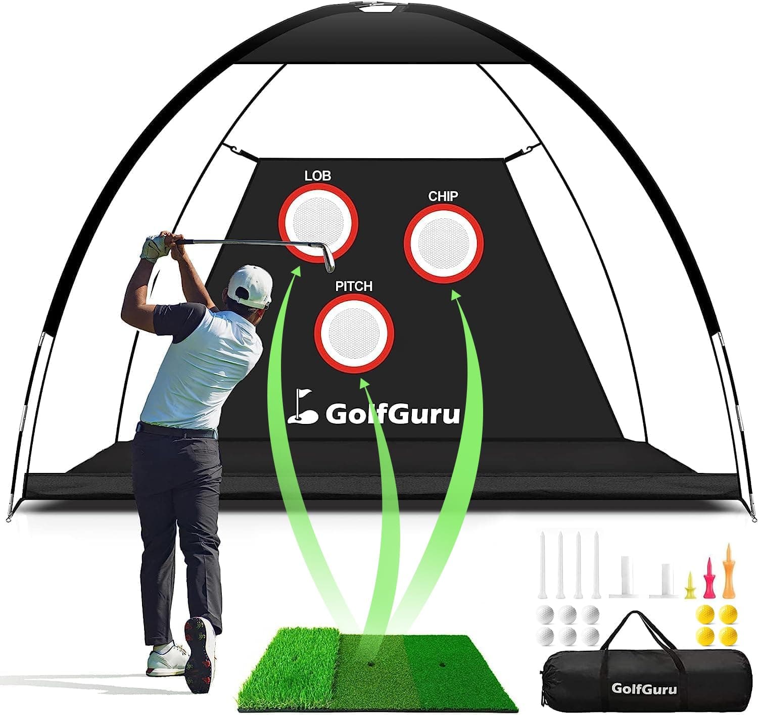 Golfguru All in 1 Golf Practice Net - 10x7ft with Pro Chipping Target, Tri-Turf Mat, 10 Balls, 7 Tees, 2 Rubber Tees, Carry Bag for Backyard Driving Chipping