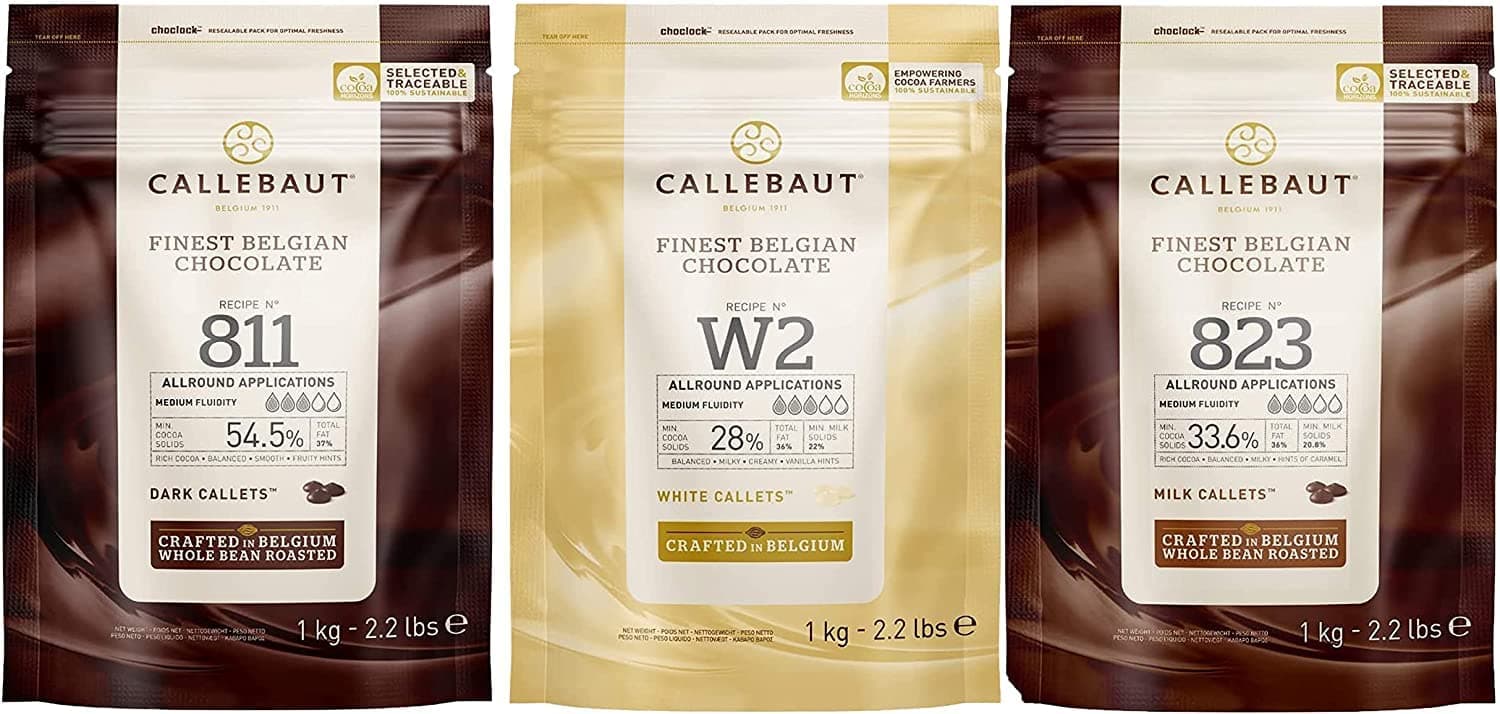 Callebaut Belgian Chocolate Callets Bundle Milk, Dark and White 3 x 1Kg bags