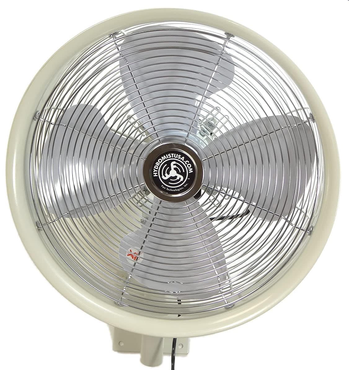 HydroMist Oscillating Wall Mounted Outdoor-Rated Fan, 3-Speed Control on Fan Motor, Hard Resin Mold-Resistant Fan Blade, Mounting Bracket and Black Vinyl Cover, Very Quiet Running, 18”, Off-White