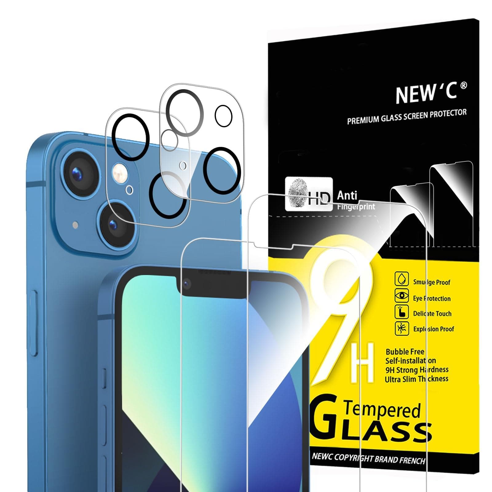 NEW'C 4 Pack, 2 Pack for iPhone 13 Screen Protector (6.1 inch) + 2 Pack Camera Lens Protector, Sensor Protection,Case Friendly Tempered Glass Film