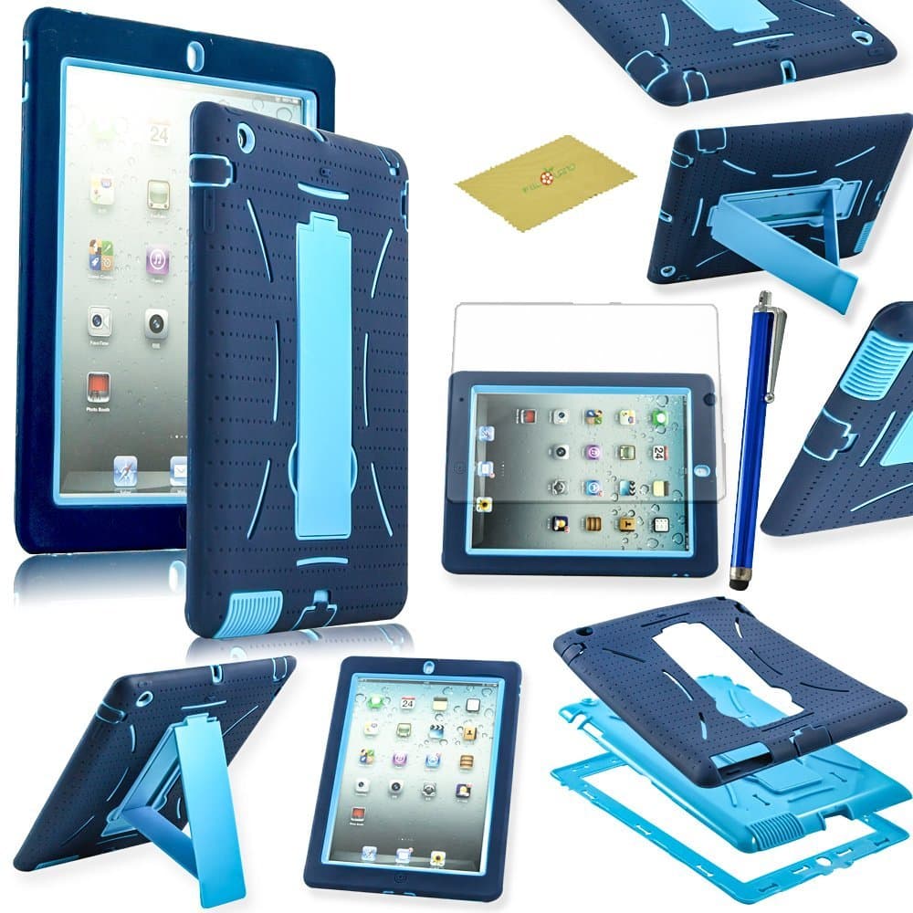 Fulland Hybrid Heavy Duty Hard Plastic/Soft Silicone Case with Stand for Apple Ipad 2, 3 4 Plus Bonus Stylus Pen and Screen Protector -Light Blue/Blue