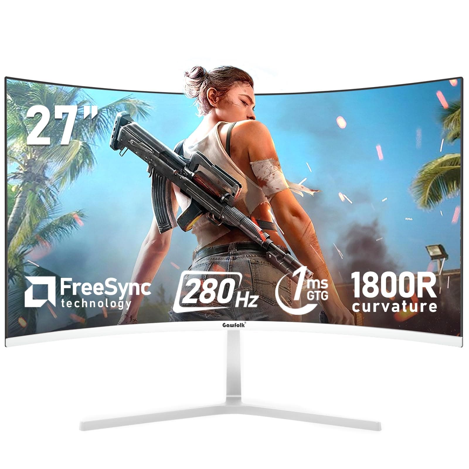 - 27 Inch PC Computer Screen,1800R Curved Gaming 280Hz Monitors, FHD 1080p 1ms, Freesync, 98% sRGB,178 ° Angle View HDMI2.0、DisplayPort, Compatible with Wall-Mounted 100 * 100MM-White