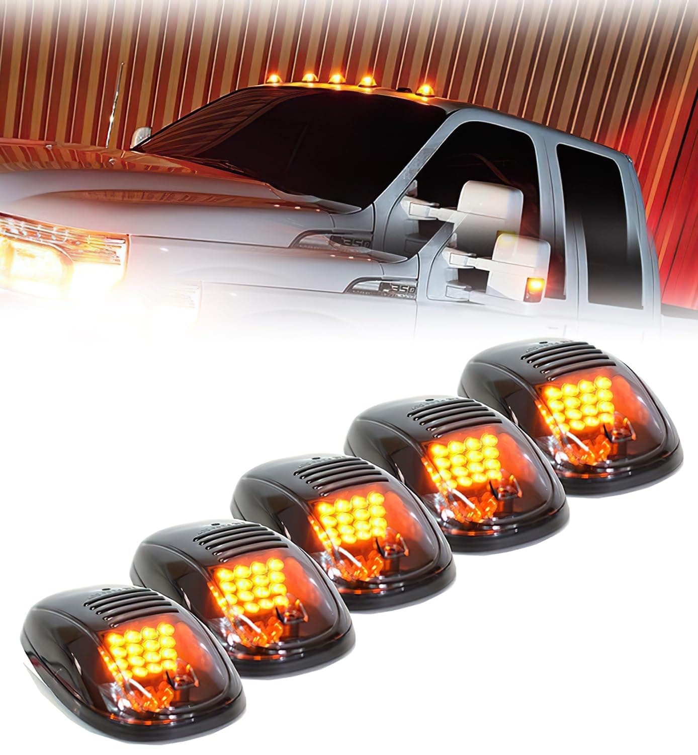 Xprite Black Smoked Lens 16 LEDs Cab Clearance Light 5 Pcs Roof Top Marker Running Lights Kit for Ford Dodge Ram Trucks SUV POV Pickup - Amber Yellow