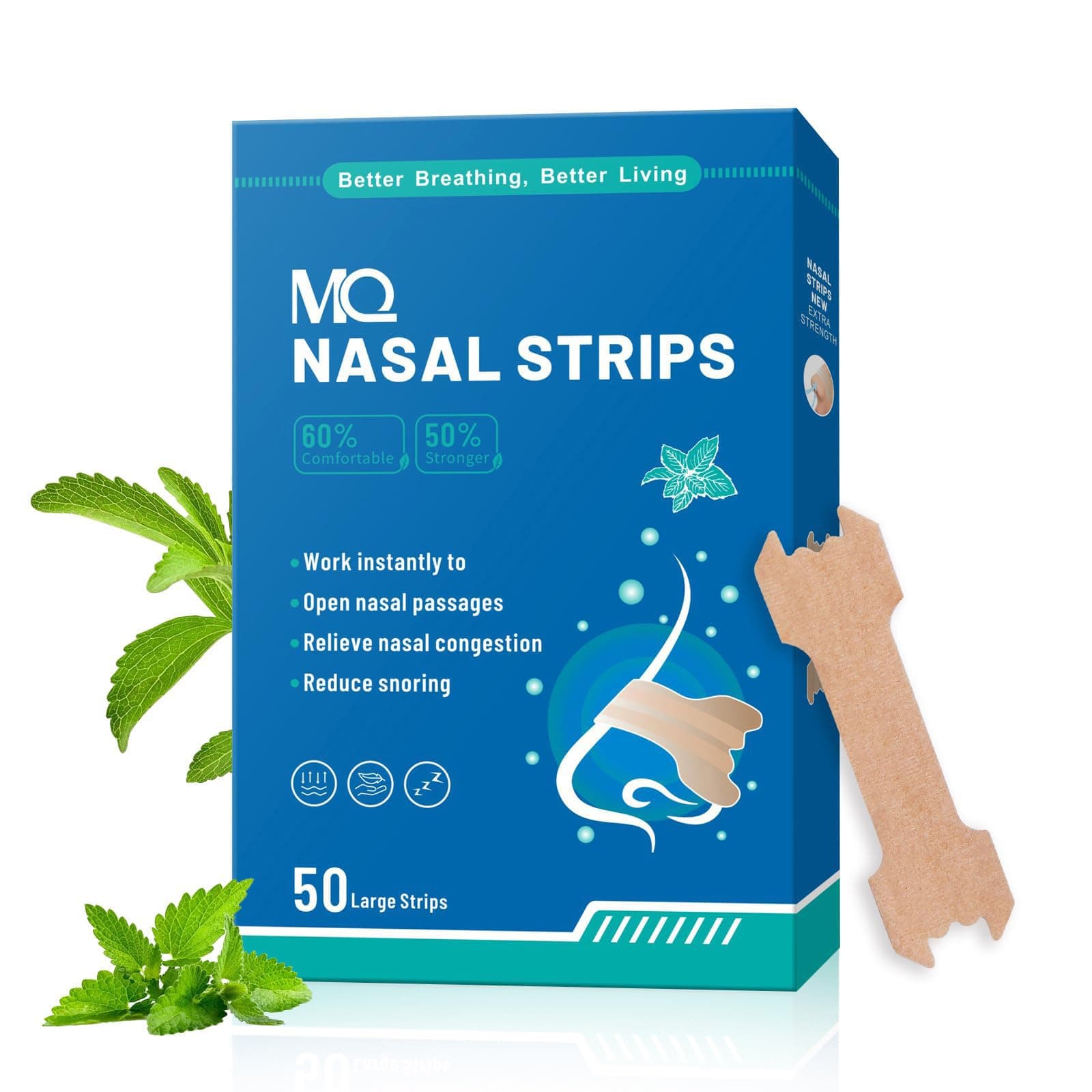 MQ 50ct Nasal Strips for Snoring Mint Scent Nose Strips for Breathing Extra Strength Snore Strips to Open Nasal Passages, Relieve Nasal Congestion