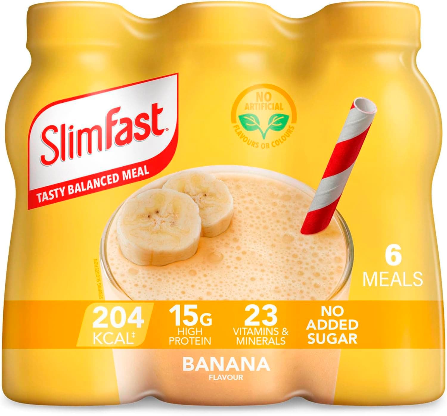 SlimFast Ready To Drink Shake, Tasty, Balanced Shake with Vitamins and Minerals, No Sugar, Banana Flavour, 6 x 325 ml Multipack