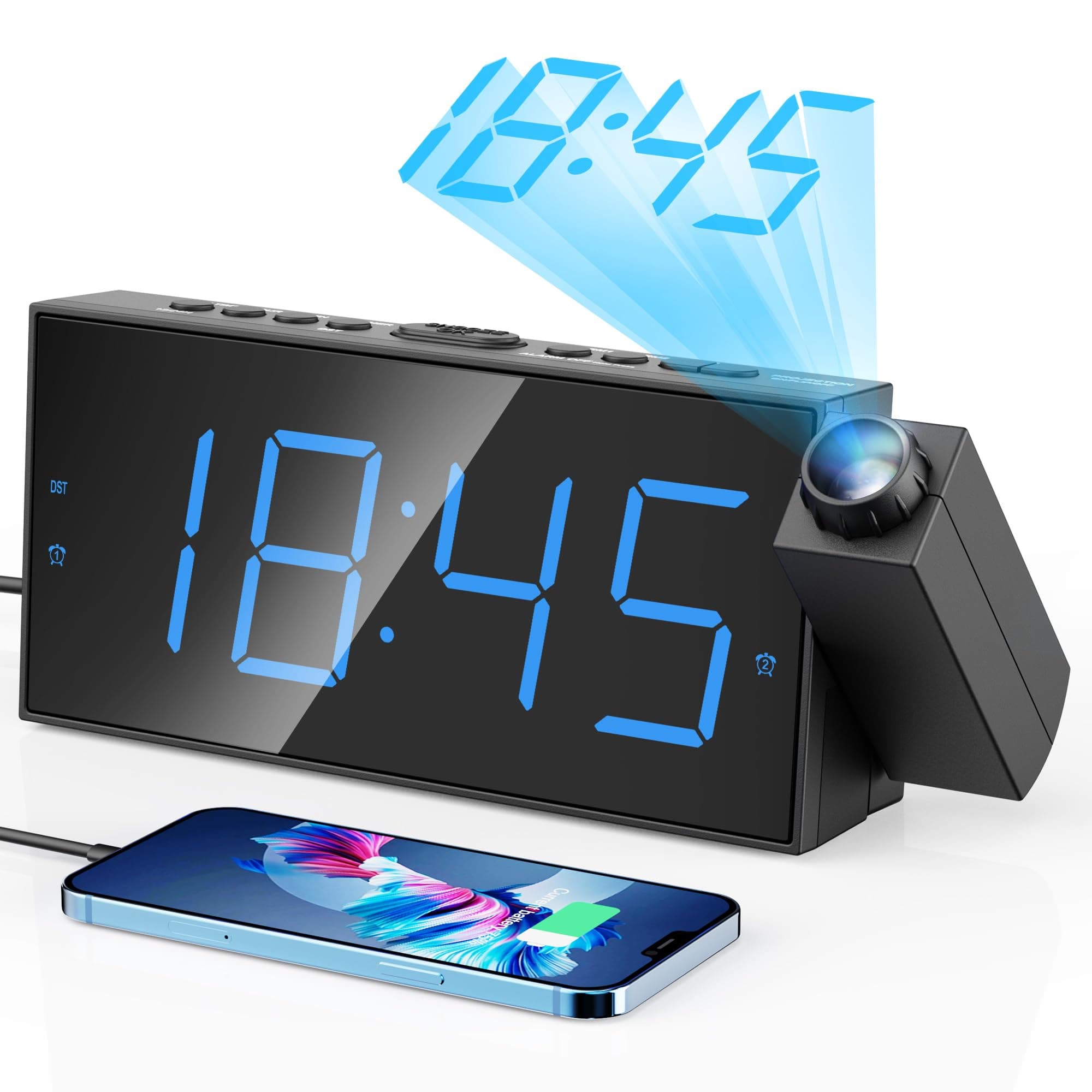 Mesqool Projection Alarm Clock, 7 Inch Digital Display and Dimmer, Double Alarms, USB Port, Adjustable Alarm Volume, Snooze, 12/24, Battery Backup for Bedroom, Ceiling, Wall, Home, Kids, Seniors