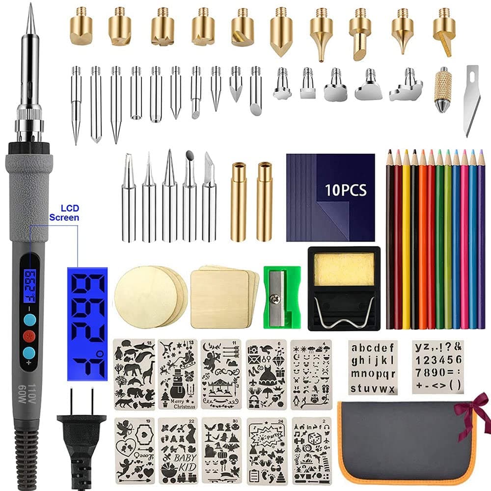 75Pcs Wood Burning Kit, Woodburning Tool with LCD Display, Adjustable Temperature, Soldering/Pyrography/Carving/Embossing Tips, Gray, Electric, Pencil Style