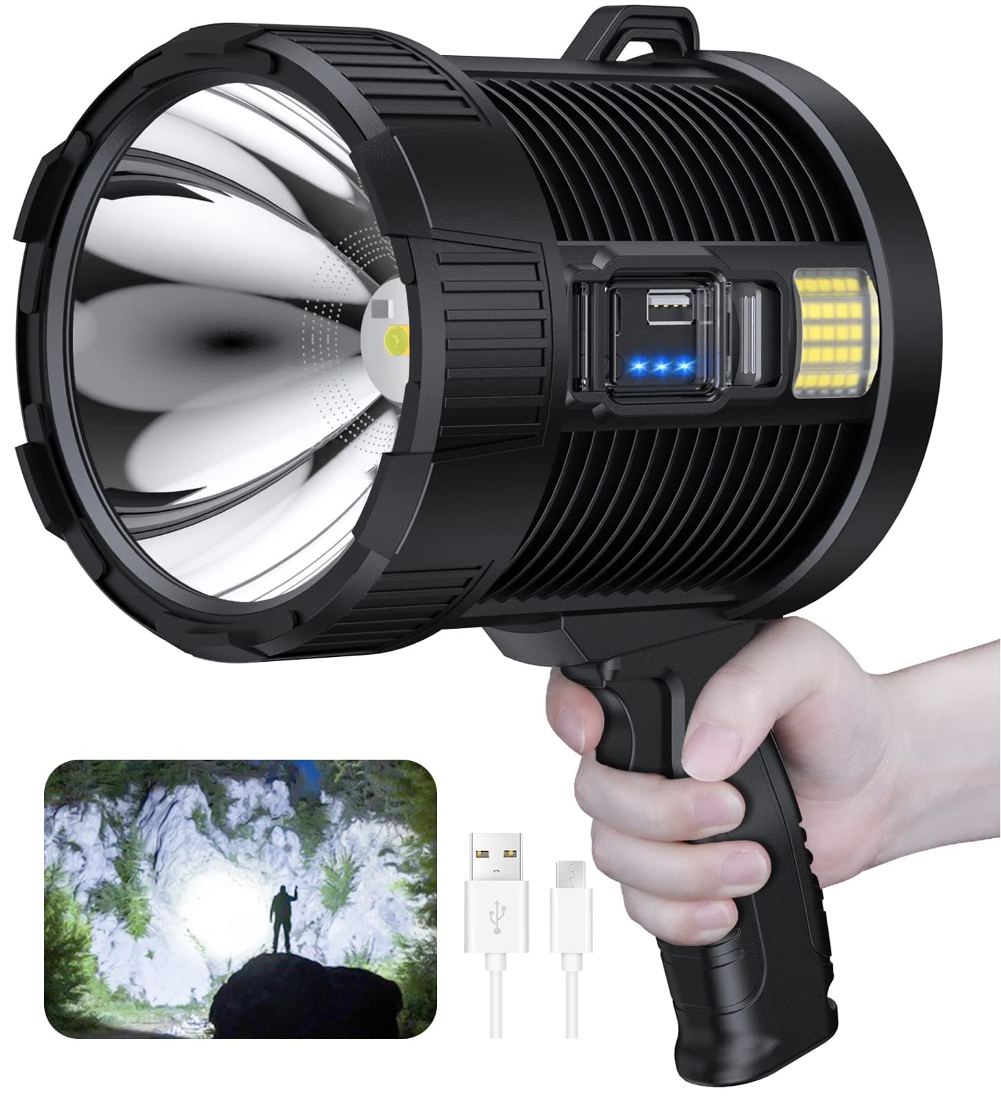 Rechargeable Spotlight, 990000 Lumens Led Spot Lights Handheld Large Flashlight Super Bright Outdoor Solar Spotlights Searchlight with Cob Light, 6 Modes, IPX5 Waterproof