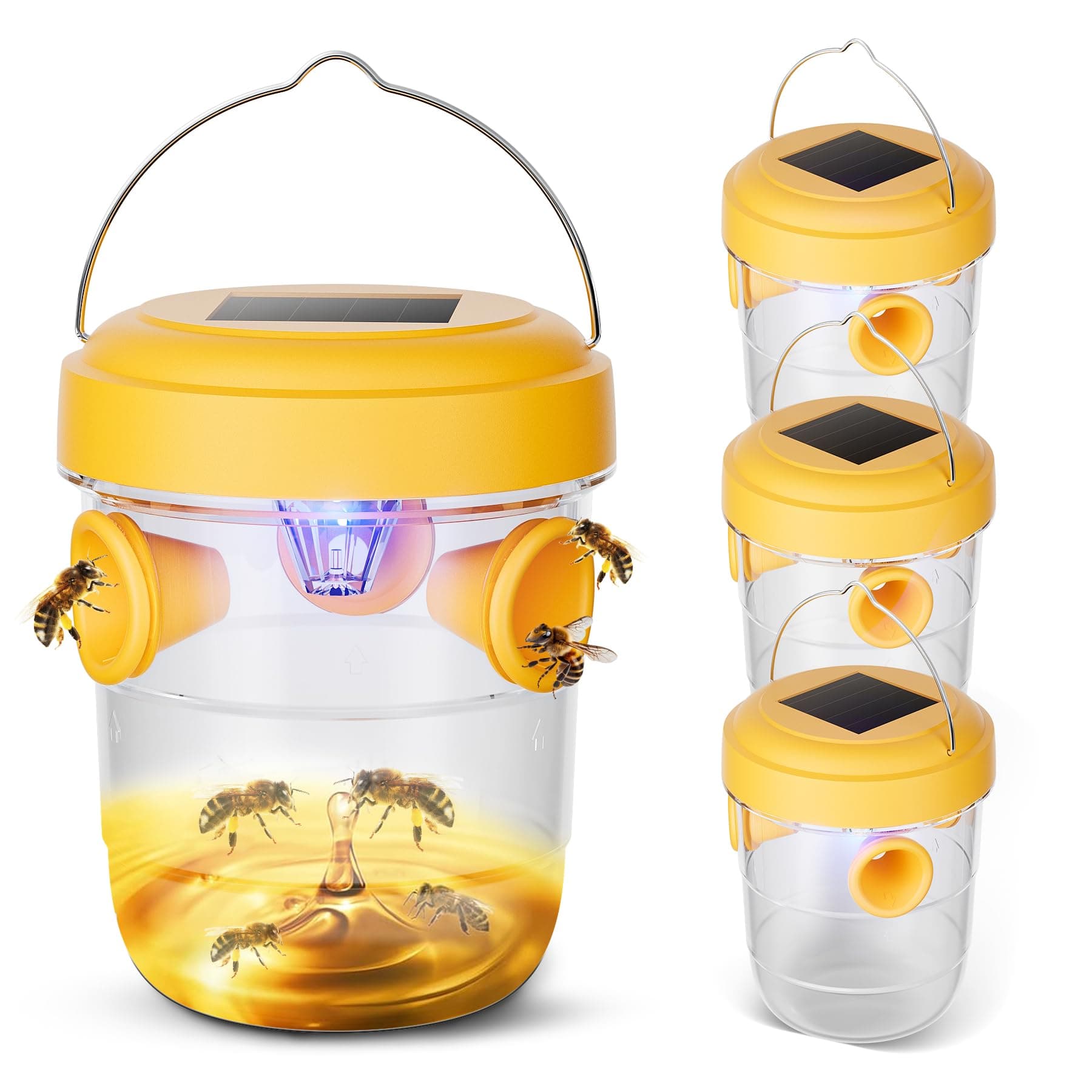 Wasp Traps Outdoor Hanging, Solar Powered Bee Traps Wasp Deterrent Killer Carpenter Bee Traps for Outside, 2024 Upgrade Flying Insect Traps Reusable Yellow Jacket Hornet Catcher with LED (4 Packs)