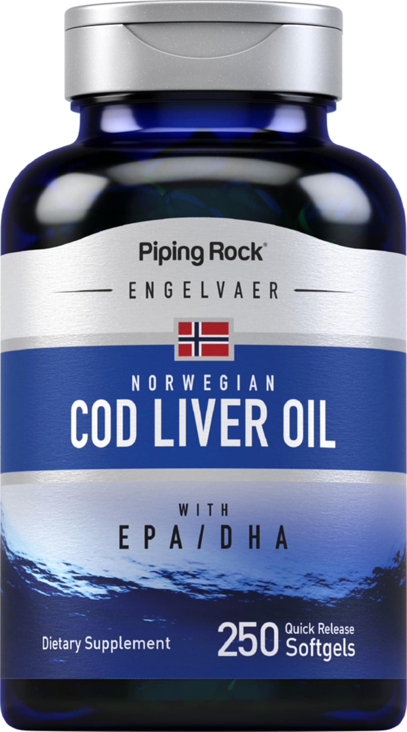 Piping Rock Cod Liver Oil Softgels | 250 Count | with EPA DHA | Engelvaer Norwegian | Non-GMO, Gluten Free Supplement