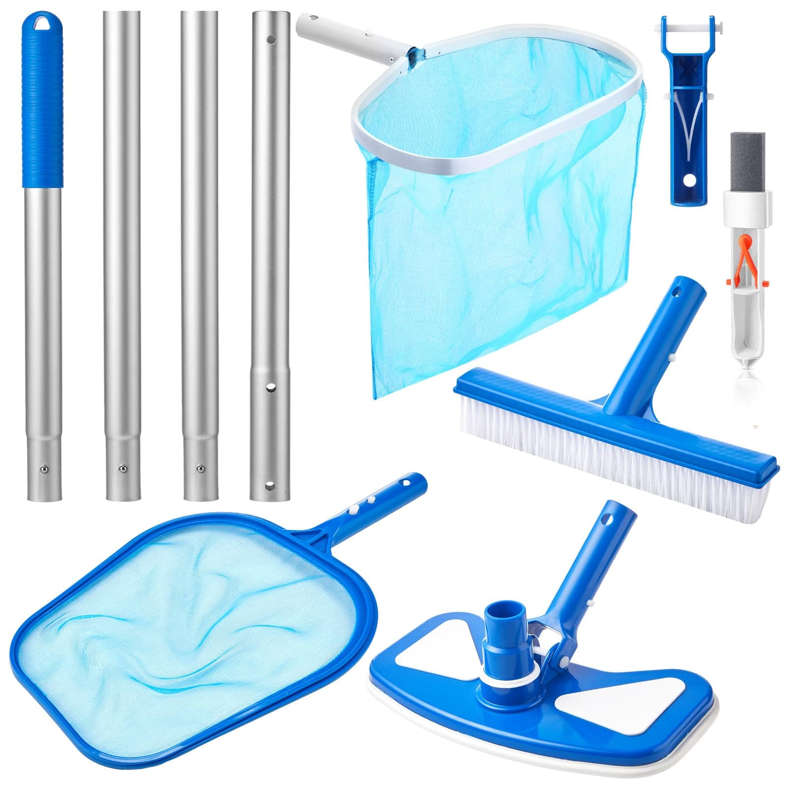5 Pcs Swimming Pool Cleaning Kit 17.5'' Brush Head with 47'' Telescopic Aluminum Pole and Leaf Skimmer Net Vacuum Head Pumice Stone with Handle for Above Ground Pool Spa Hot Tub Maintenance