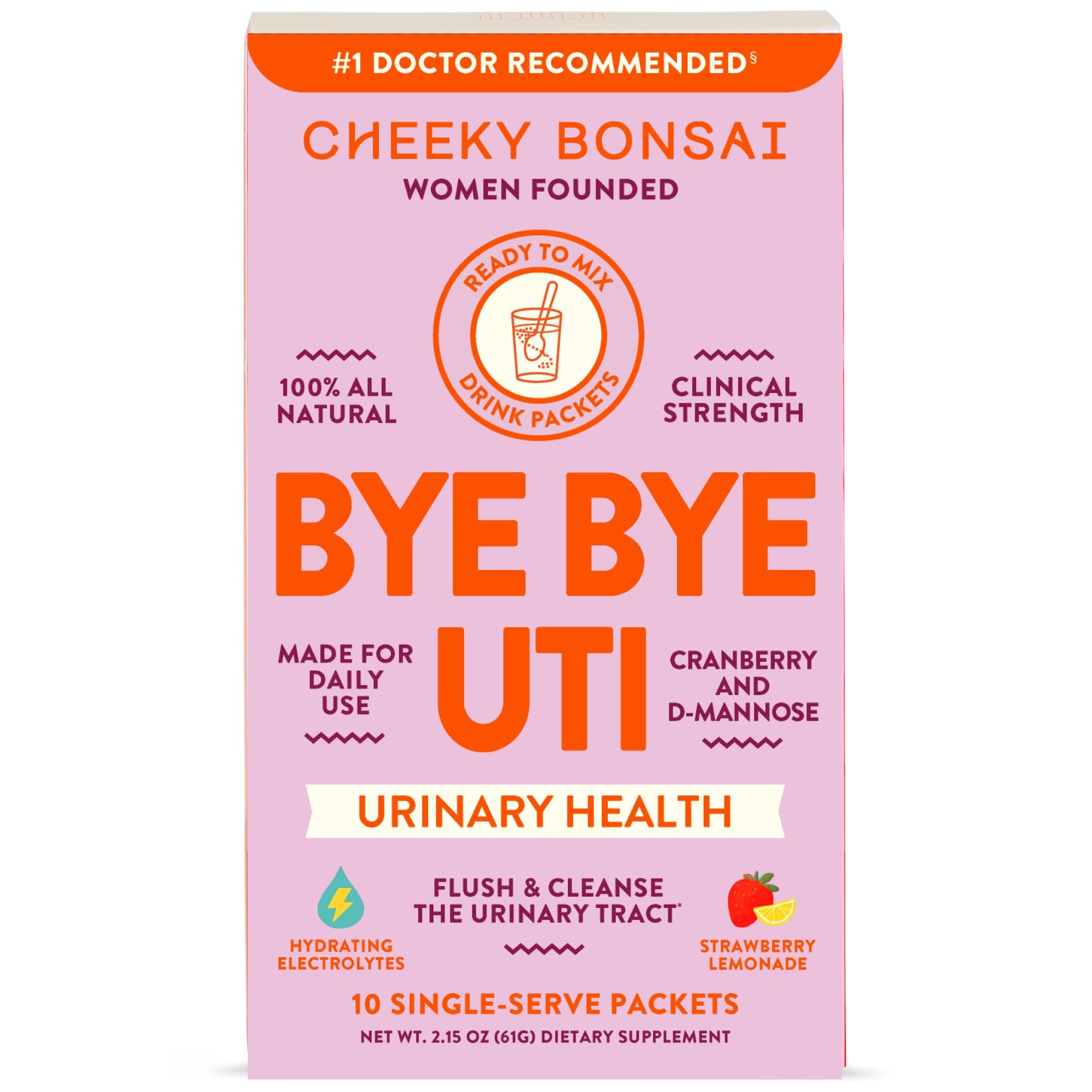 Cheeky Bonsai, Urinary Health Hydration Packets, Flush & Protect the Urinary Tract with D-Mannose, Cranberry & Electrolytes, Lemonade Flavor (10 Packets) No Added Sugar, Vegan and Gluten-Free