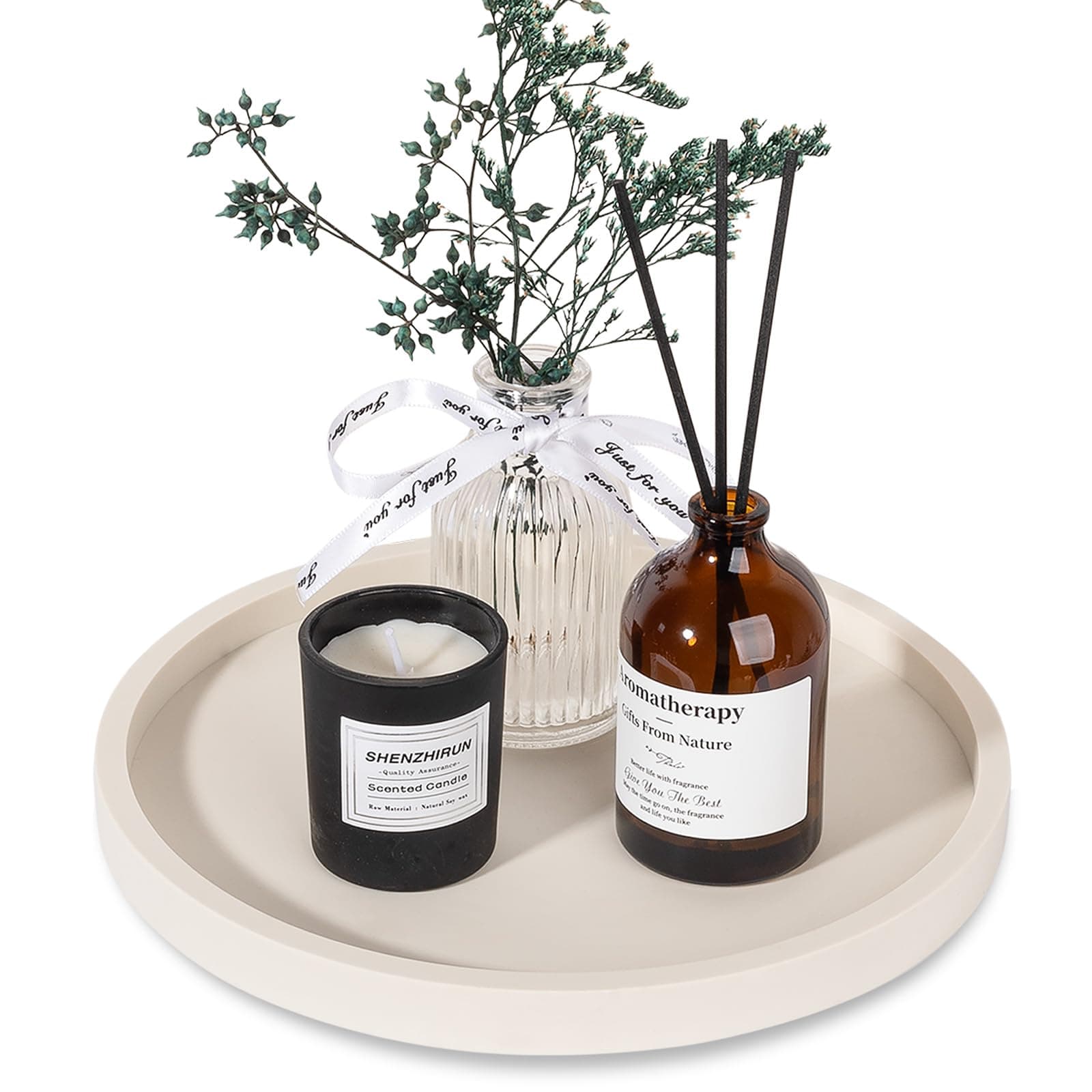 Silicone Bathroom Tray Round Vanity Tray Decorative Soap Holder Kitchen Countertop Organizer Coffee Table Decor for Candle, Perfume, Plant, 9 Inch, Beige