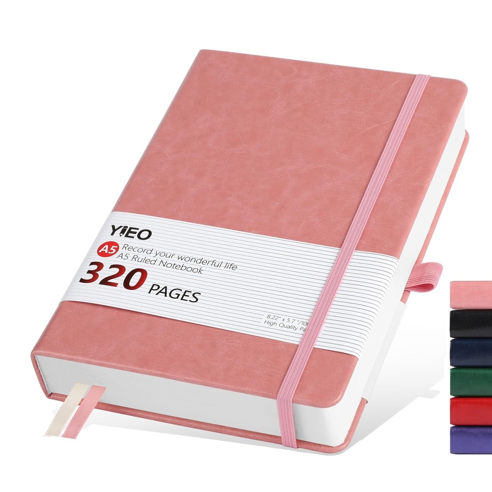 Notebook A5, Hardback A5 Notebook Thick Journal Notebook 320 Pages 100GSM A5 Lined Note Book Hardcover Notepad with Inner Pocket, Pen Loop, Elastic Closure and 2 Ribbon Page Marker,14.5 x 21cm-Pink