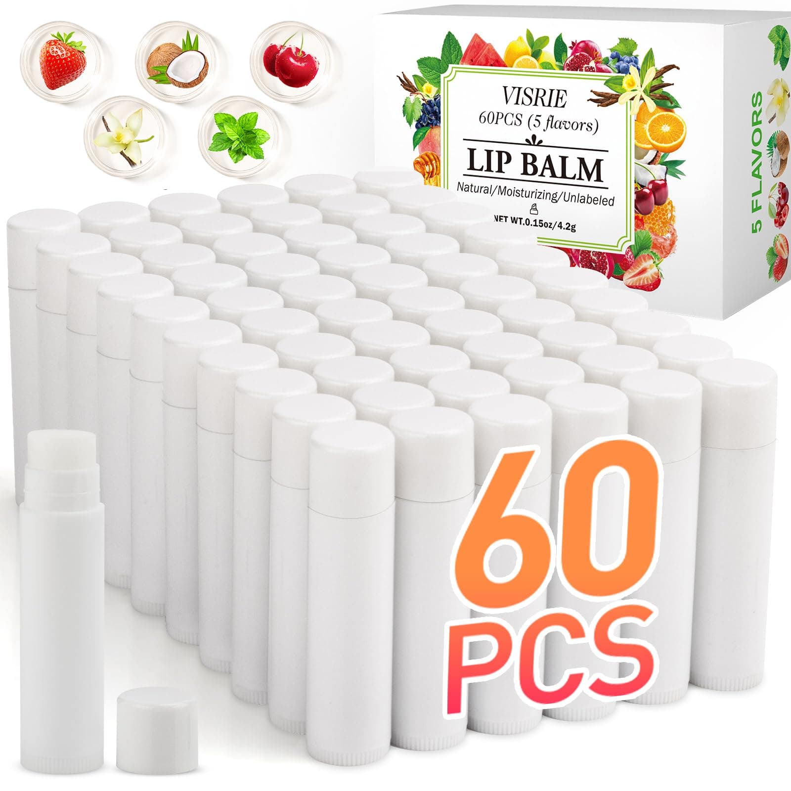 VISRIE 60 Pack Lip Balm Unlabeled, Natural Lip Balm Bulk Blank Tube, Personalized Lip Balms for Party Favors Adults and Bridal Shower Favors or Baby Shower Gifts-5 Flavors