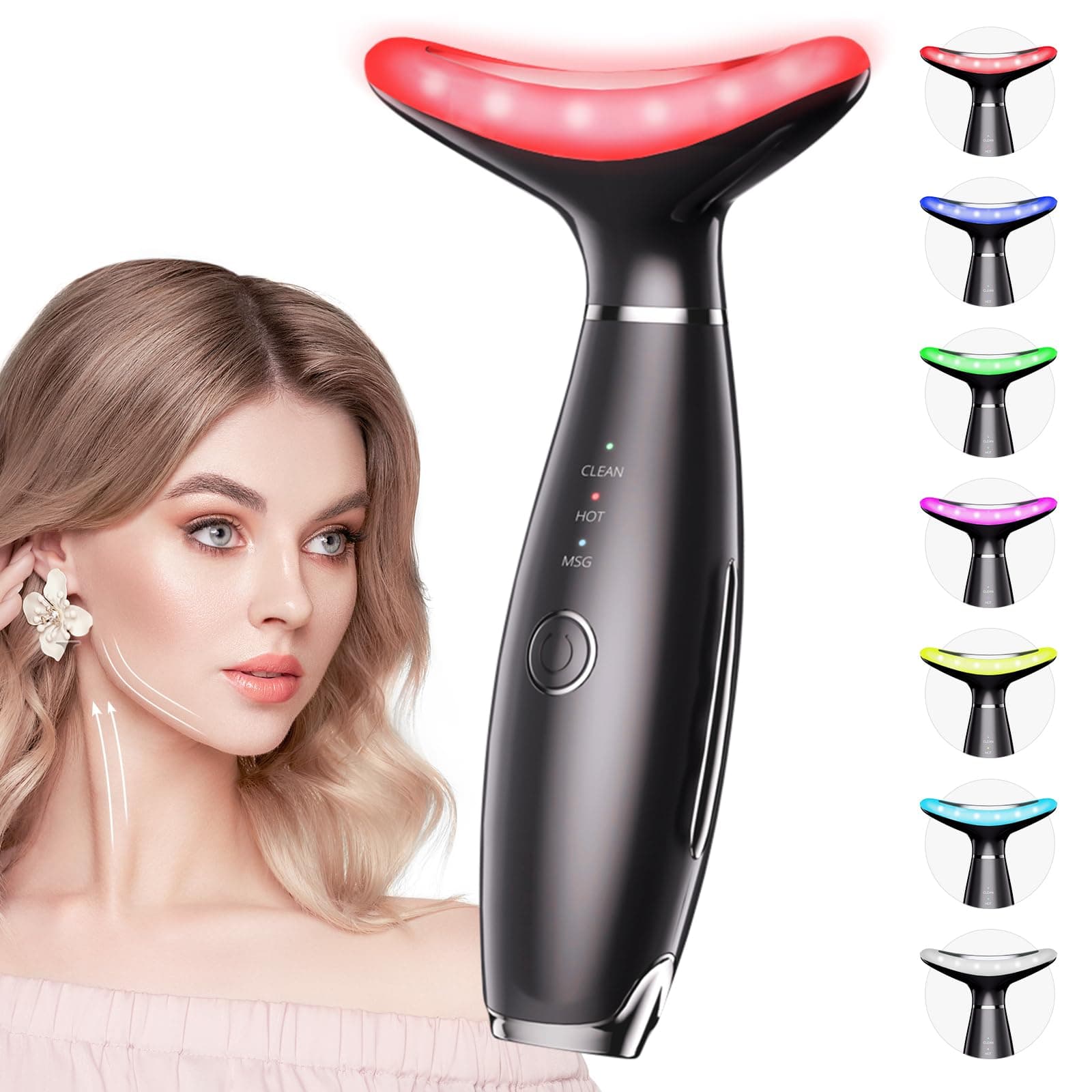 Dopsikn 7 Color Galvanic Machines - Red Light Therapy for Face and Neck, Face Massager Tool for Wrinkles, Double Chin, Vibrating Facial Massager with Thermals, Black