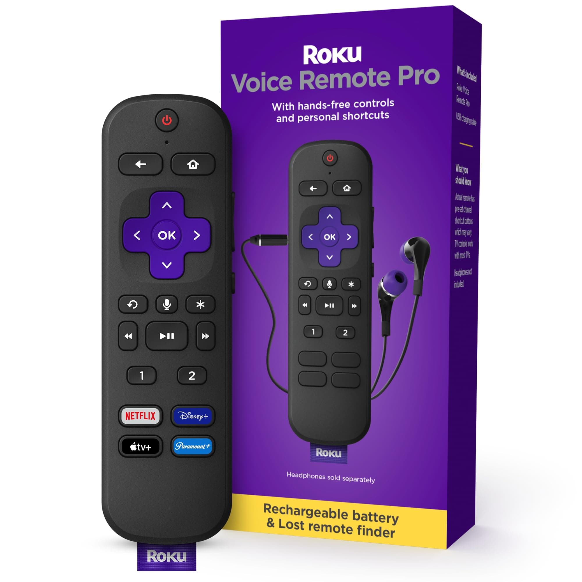 Roku Voice Remote Pro (1st Ed.) | Rechargeable TV Remote Control with Hands-free Voice Controls, Headphone Mode, & Lost Remote Finder - Replacement Remote Compatible with All Roku TV, Players & Audio