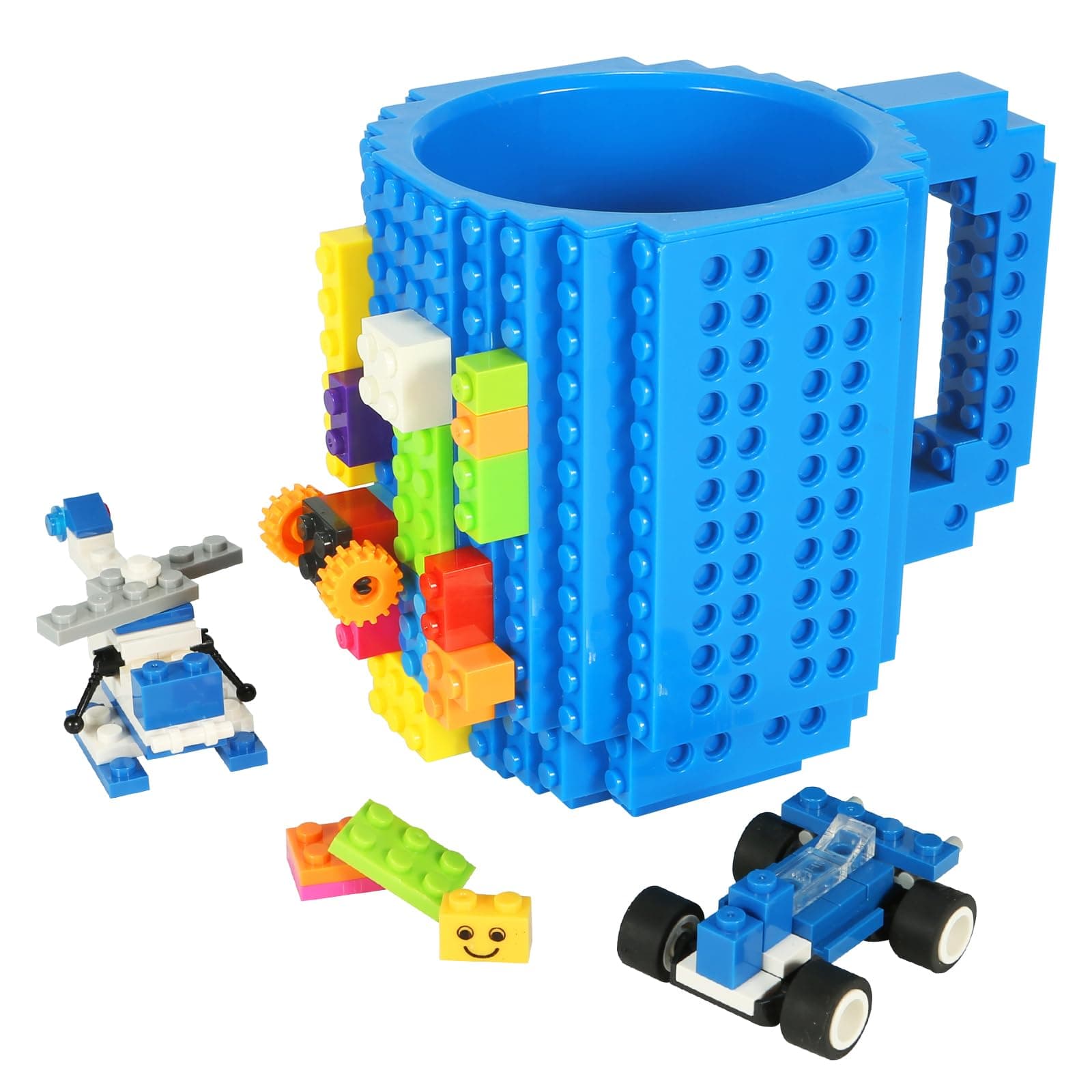 Build-on Brick Coffee Mug, Funny DIY Novelty Cup with Building Blocks Creative for Kids Men Women Xmas Birthday (Blue)