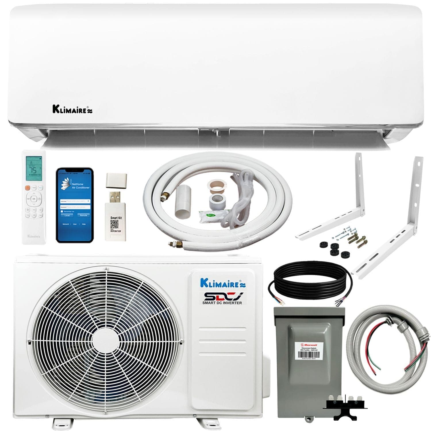 Klimaire 12,000 BTU 20.8 Ductless Mini-Split Inverter Air Conditioner Heat Pump System with 15-ft Installation Kit Wall Bracket (12K BTU_115V 19 SEER)