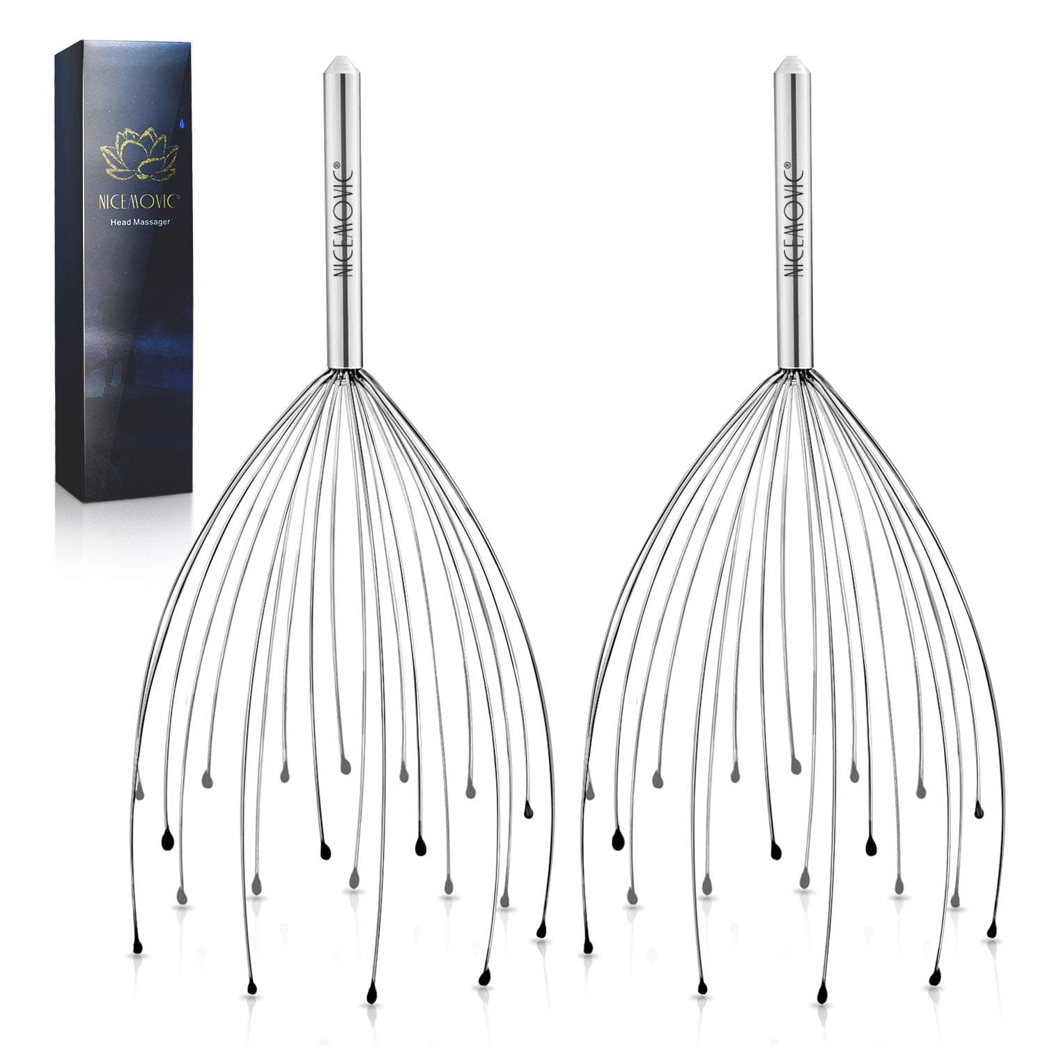 NICEMOVIC 2 Pack Scalp Head Massager with 20 Fingers Scalp Head Scratcher Hair Stimulator Body Relax (Silver&Silver)