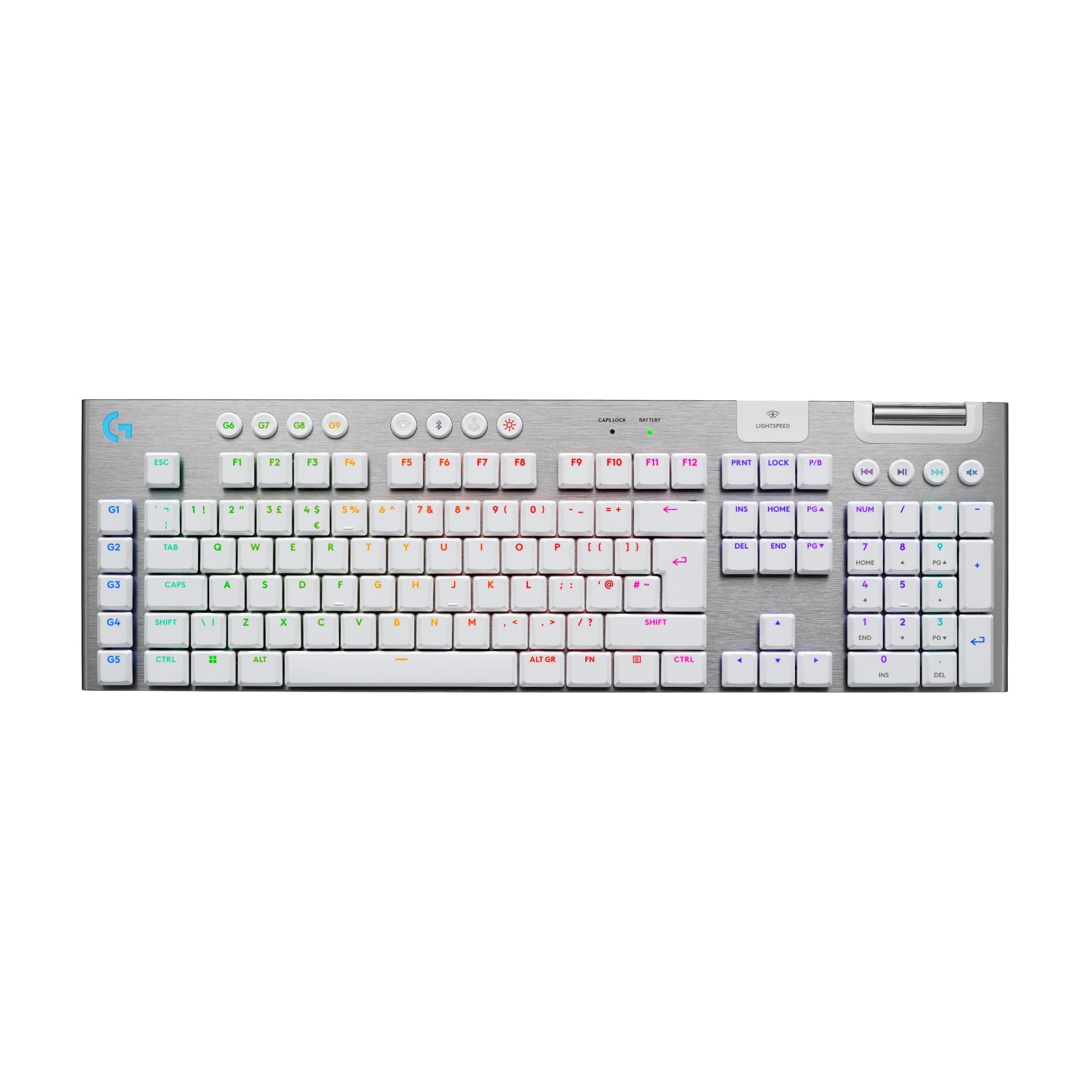 G915 X LIGHTSPEED Low-Profile Wireless Gaming Keyboard, Double-Shot PBT Keycaps, Fully Programmable Keys, RGB Backlighting, GL Brown Tactile Switches - PC/Mac, QWERTY UK English - White