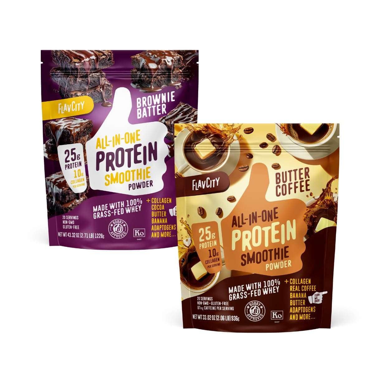 Butter Coffee & Brownie Smoothie Bundle - 25g Grass Fed Whey Protein Powder & Collagen in Chocolate and Coffee Flavors - Gluten Free (20 Servings Each)