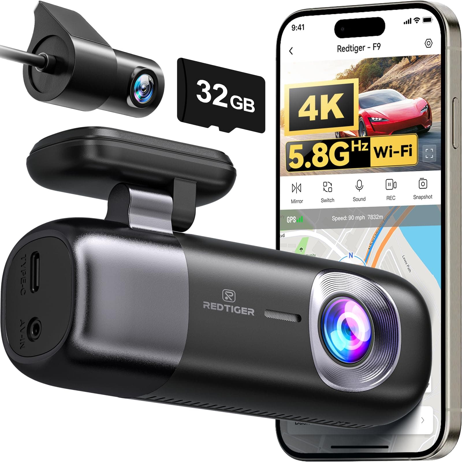 F9 Dash Cam 4K Front and Rear 1080P with Smart App Control,Dual Dash Cam for Cars with 32GB SD Card,GPS,Built-in WiFi,Night Vision,Parking Monitor,Loop Support 256GB Max