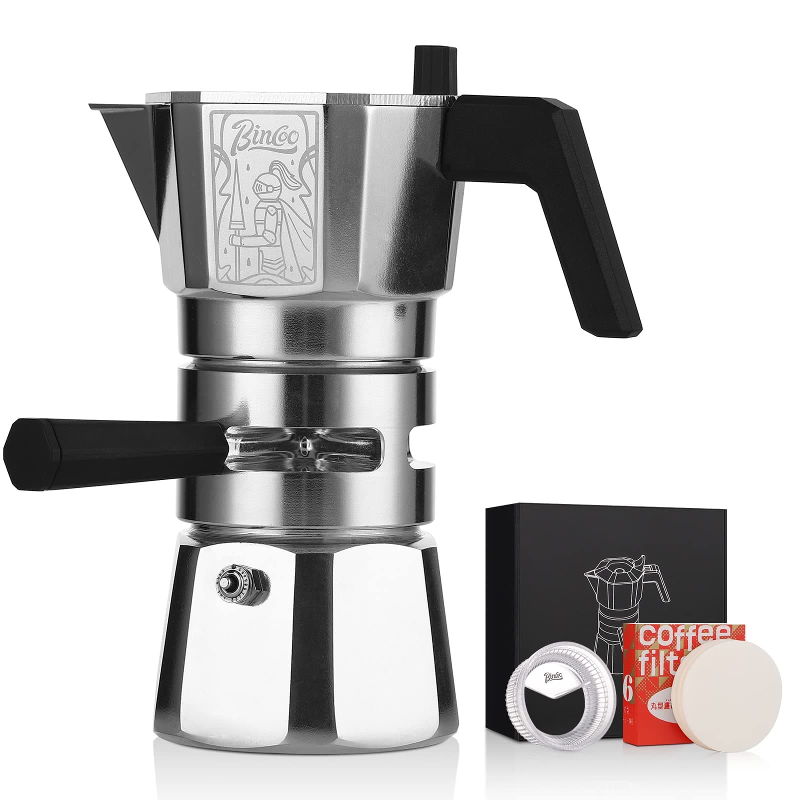 120ML/2 Cup Stovetop Espresso Maker Double Valve Moka Pot with Thermostat Extractor,Italian Espresso Moka Pot with Powder Dispenser and Filter Paper for Home,Silver