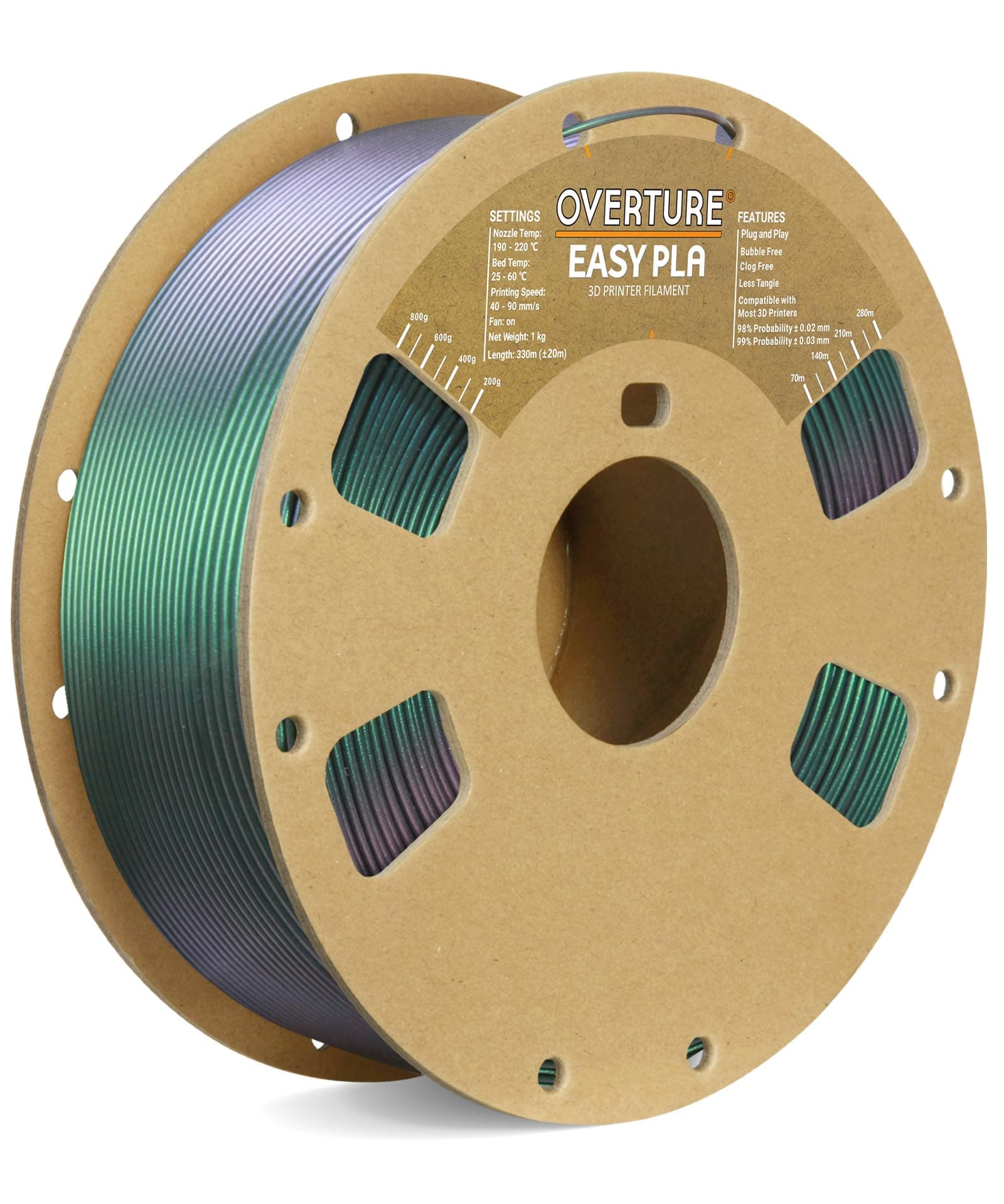 OVERTUREEasy PLA 1.75mm 3D Printer Filament, 1kg Cardboard Spool (2.2lbs), Dimensional Accuracy +/- 0.03mm, Fit Most FDM Printer (Shimmer Dark Green)