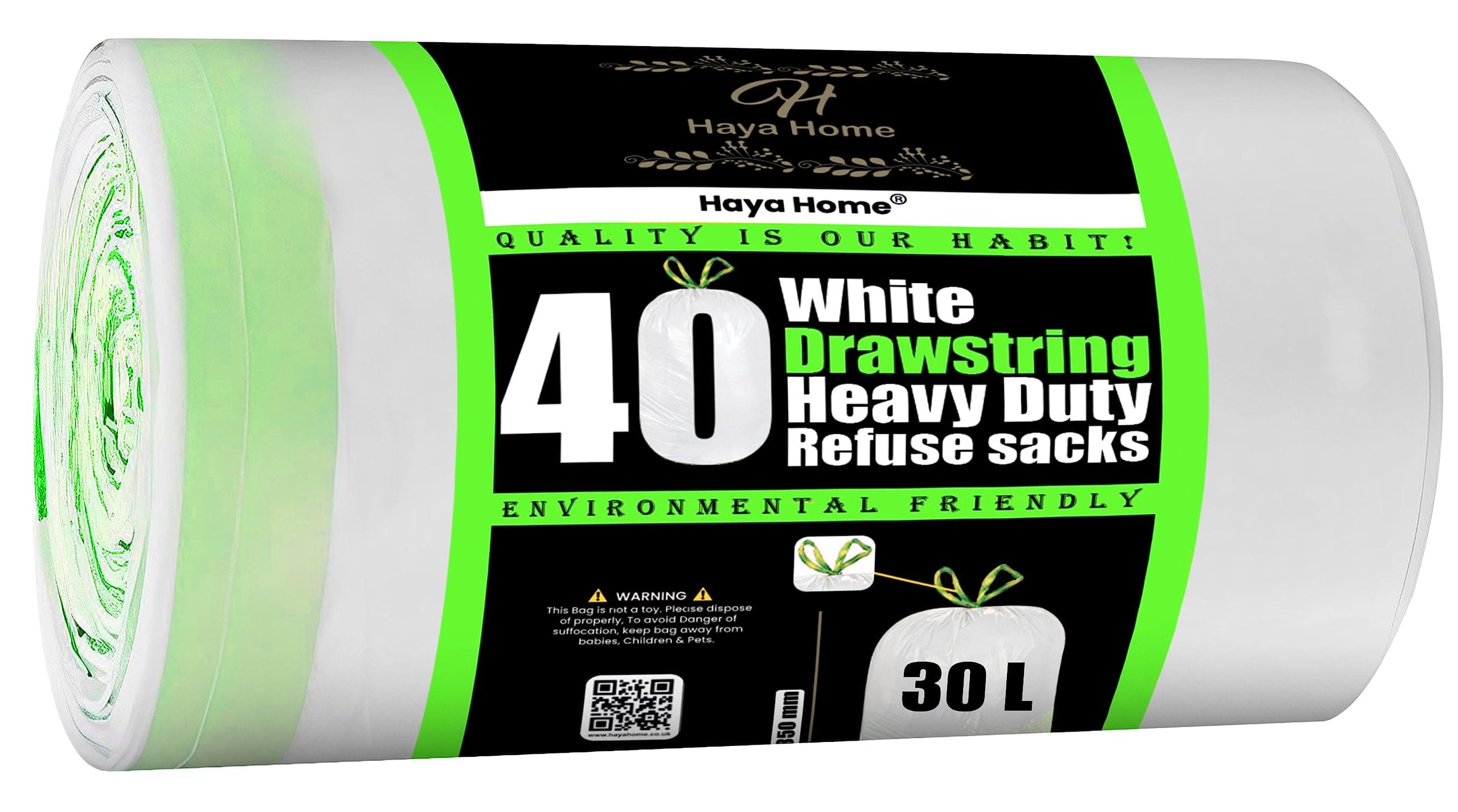 30 Litre Apple Scented Drawstring Bin Bags 40 Heavy Duty Kitchen Bin Liners, Tie-Top Refuse Sacks for 20-30L Swing Bins, Extra Strong Leakproof White Trash Bags, UK Quality Standard