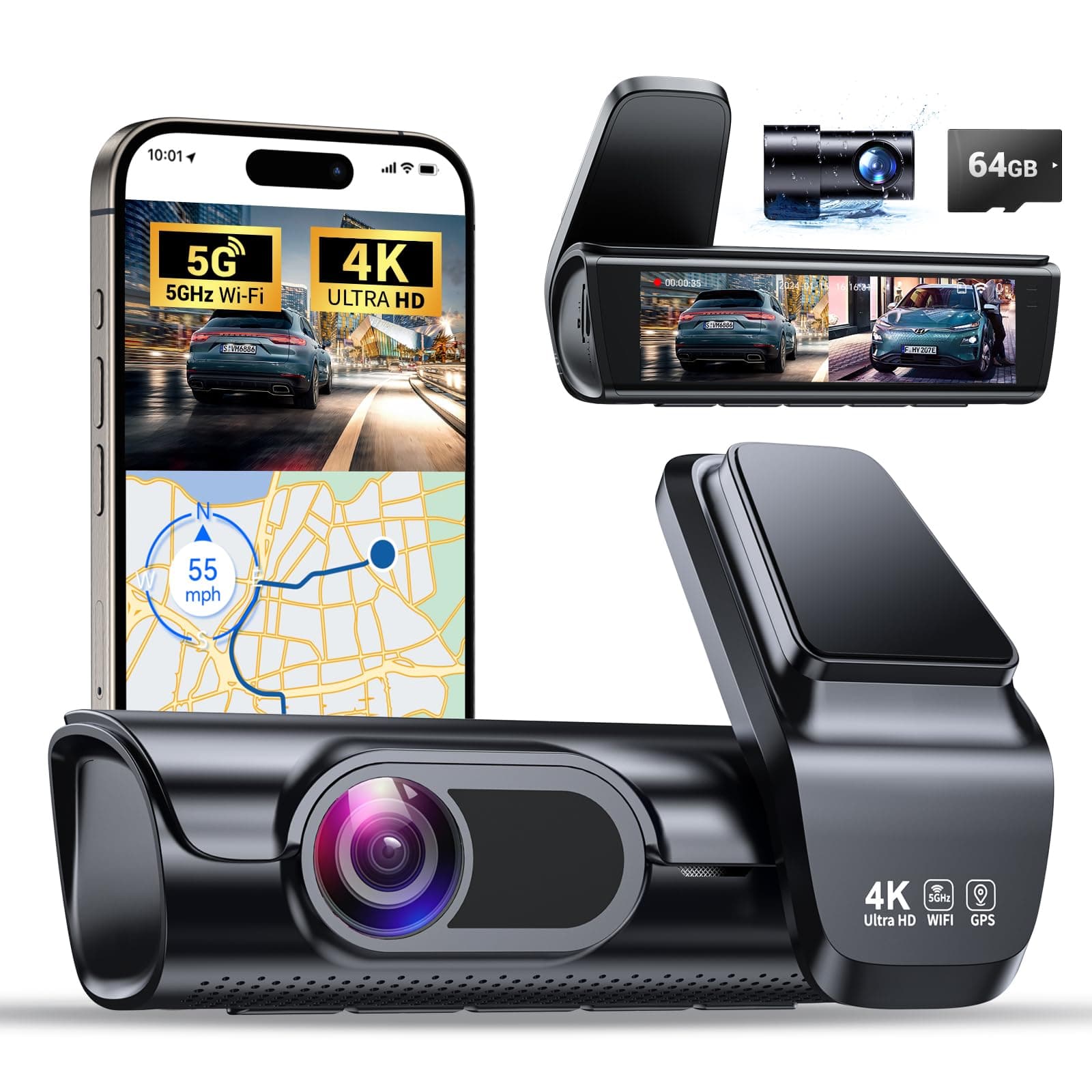 OVAMAN K600 4k Dash Cam Front and Rear, 3.59" IPS Screen, Built-in GPS 5G WiFi Dash Camera for Cars with App, UHD 2160P Night Vision Free 64G SD Card, 170° Wide Angle, HDR, 24H Parking Mode