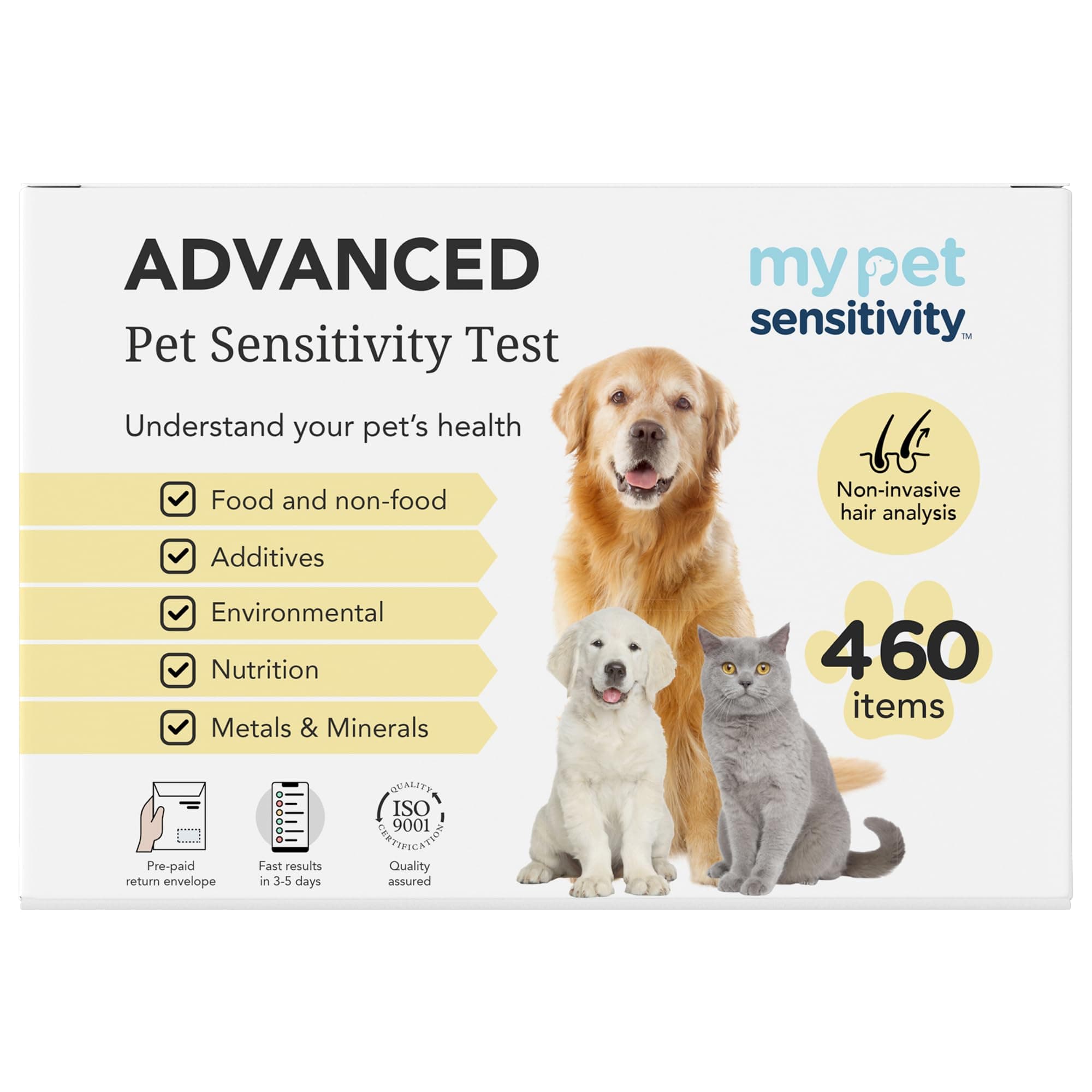 My Pet SensitivityAdvanced At-Home Test - 460 Items Tested | 3-5 Day Results, Hair Sample | Tests for Common Ingredients in Food, Non-Food, Environmental, Nutrition, Metals, Minerals & Additive Items