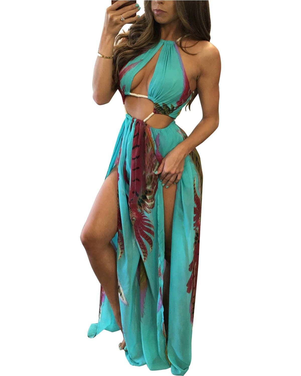 Women's Boho Floral Halter Summer Beach Party Split Cover Up Swimsuit Outfit Maxi Dress