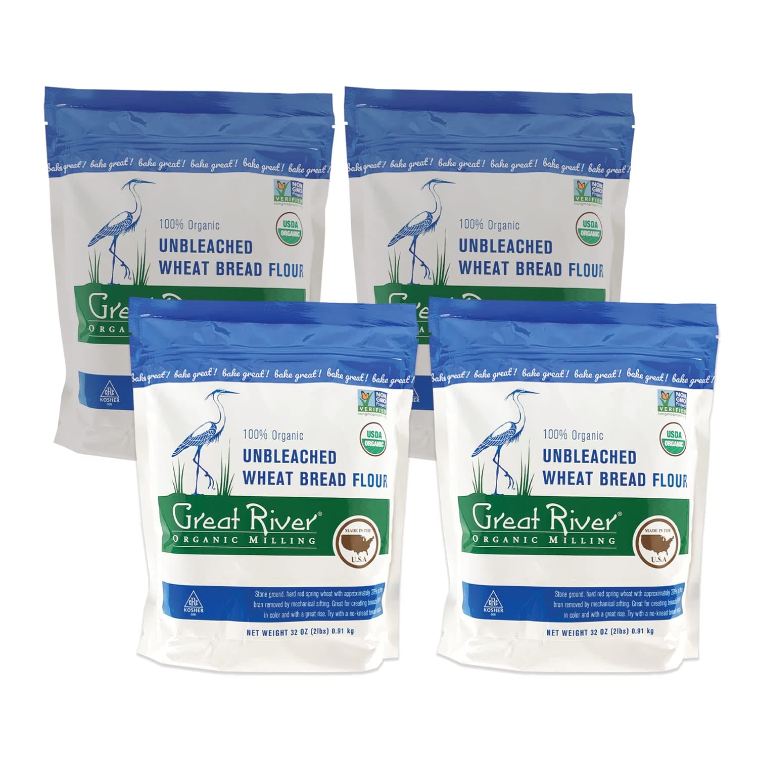 Great River Organic MillingBread Flour, Unbleached Wheat Flour, Stone-Ground, Organic 2 Pounds (Pack of 4)