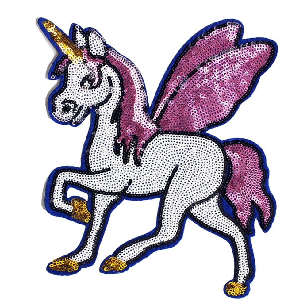 LOCOMO Large Pink Wing Unicorn Sequin Iron On Patch Sew On Patch Sparkling Winged Little Pony Pegasus DIY Applique Motif for Kid Girl Women Clothing Jacket Backpack Decoration