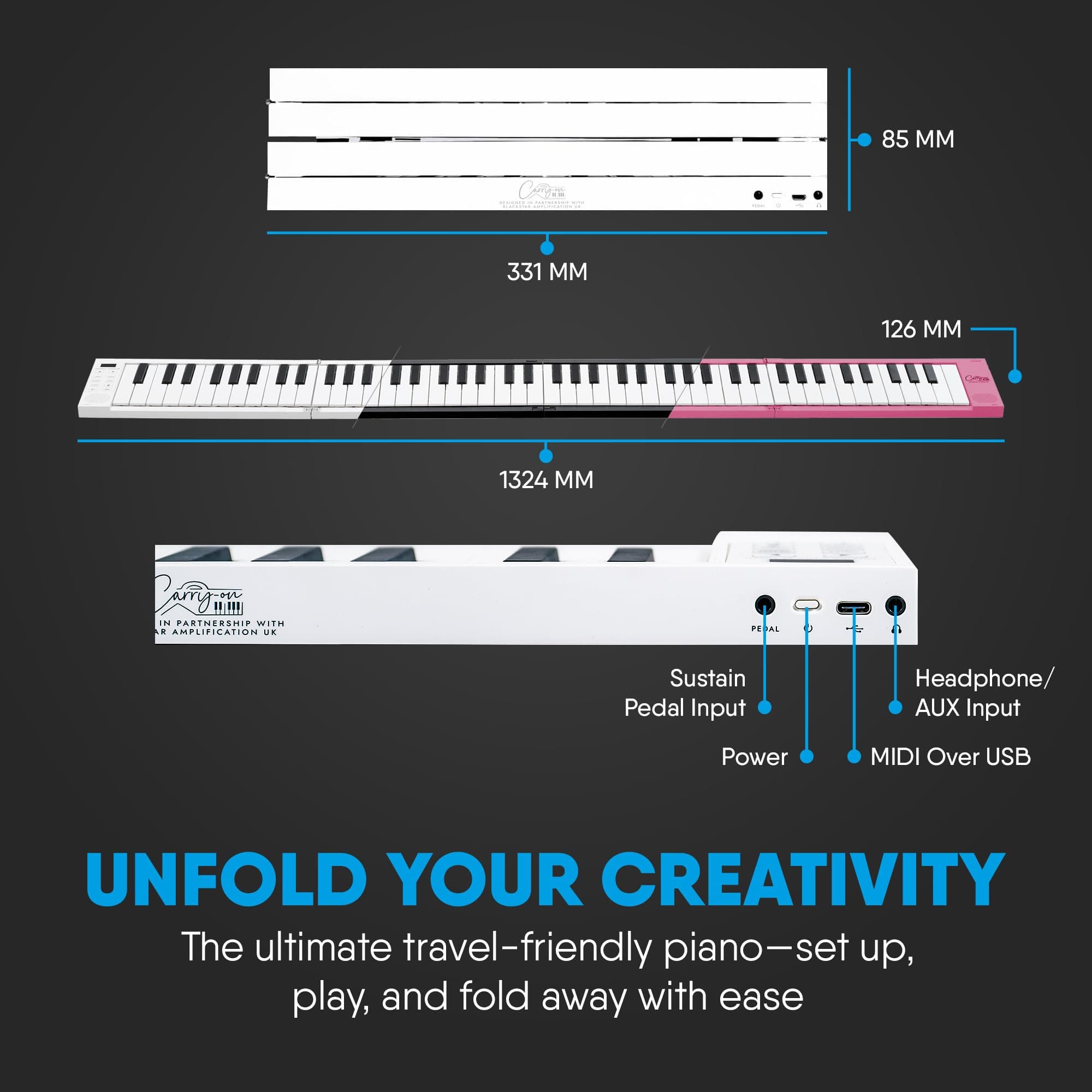 Carry-on 88 Key Black Portable Folding Digital Piano by Blackstar USB MIDI Controller with Rechargeable Battery