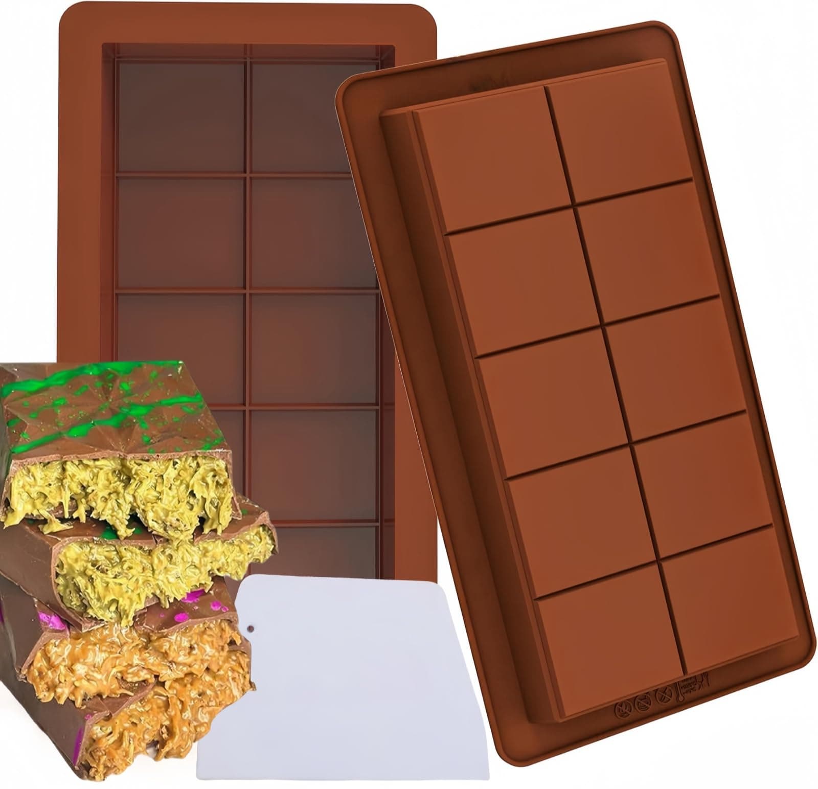 FEJYTOR 2 Pcs Chocolate Bar Molds with Scraper, 1Inch Thick/10 Inch Extra Large Silicone Chocolate Moulds for Chocolate Candy Bars/Pistachio Bar & Homemade Snacks Baked Protein Energy Bars