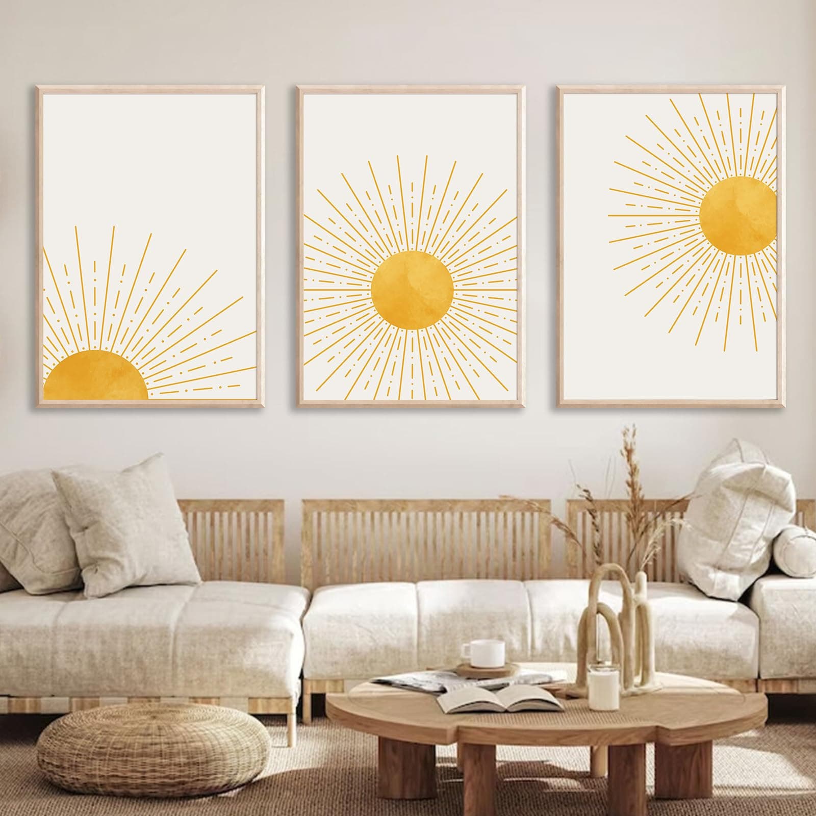 Boho Wall Art Sun Mountain Canvas Mid Century Modern Abstract Poster Yellow Sun Painting Mid Century Boho Canvas Pictures Abstract Sun Print Minimalist Boho Artwork Sunrise Sunset Art 16x24inchx3 No