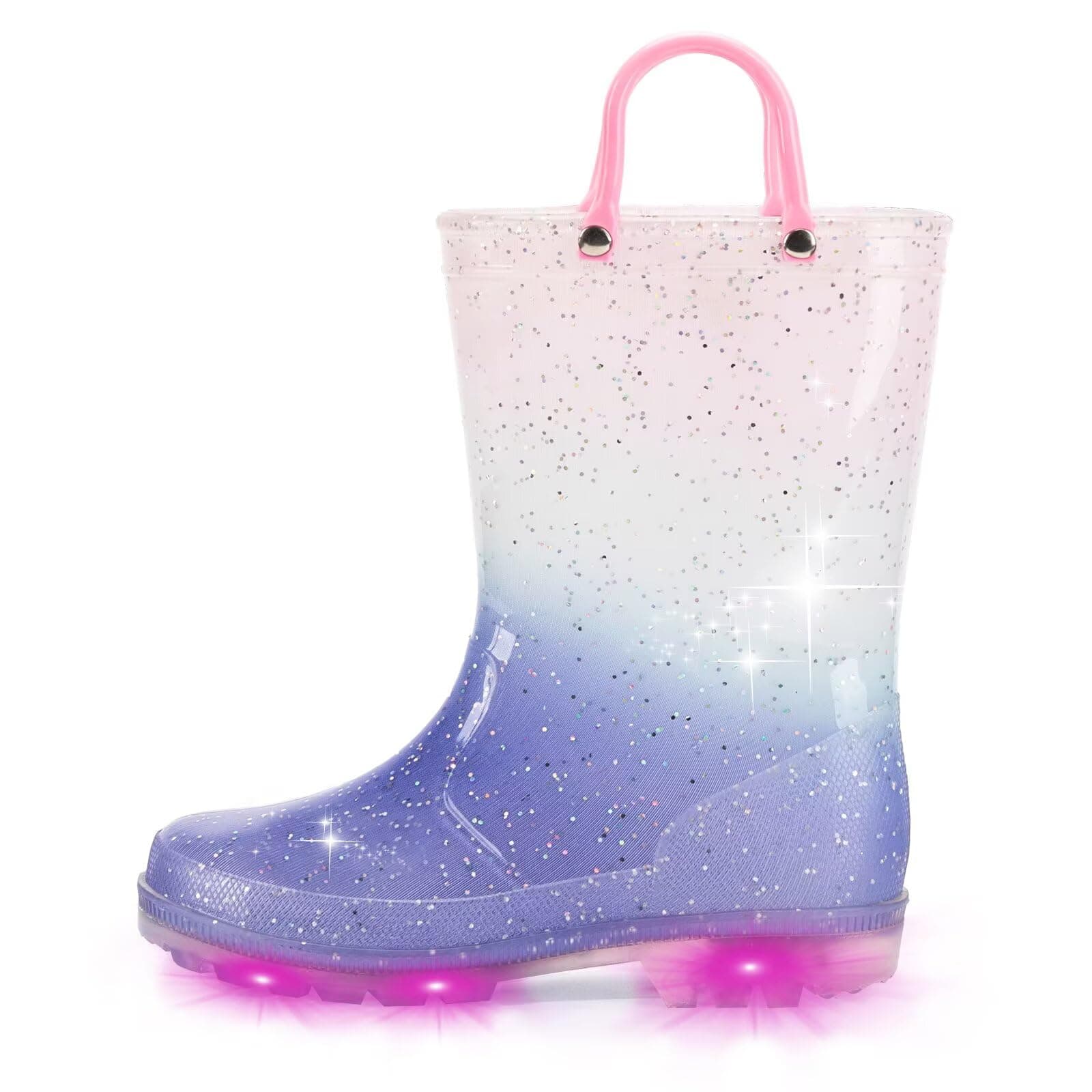EUXTERPA Toddler Kids Waterproof Light Up Rain Boots Patterns and Glitter Boots with Handles for Boys Girls