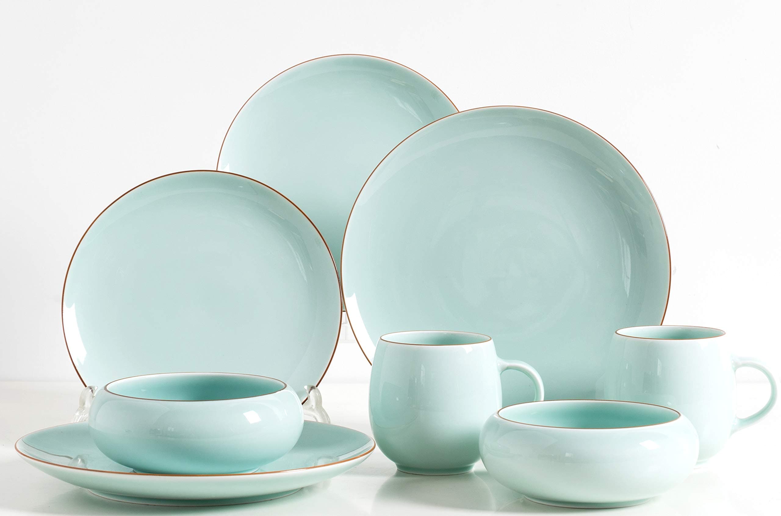 Pangu HandMade 8-Piece Dinnerware Set, Service for 2, QingBai Ware, Shadow Green, 2 Bowls, 2 Dishs, 2 Salad Plates, 2 Mugs, Kitchen, YingQing