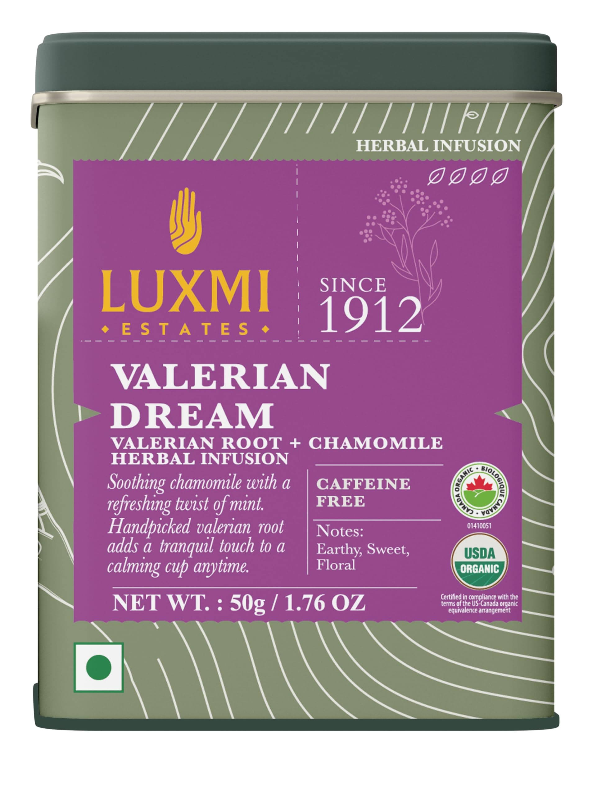 LUXMI Estates Sleep Infusion With Valerian Root - 50 gm Tin Caddy | With Chamomile, Lavender & Valerian Root | Caffeine Free Best For Insomnia, Anxiety & Stress Relief, Relaxation, Restful and Peaceful Sleep With Wellness Herbal Infusion