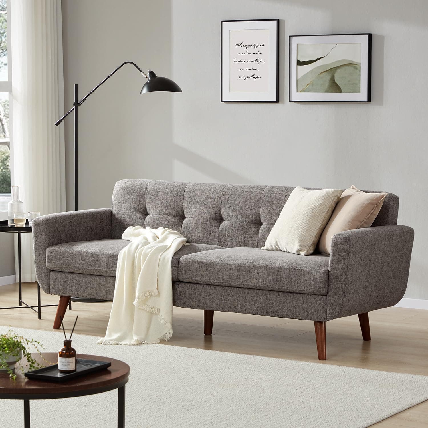 Tbfit 77.2" W Linen Sofa Couch, Mid Century Modern Decor Loveseat Couches for Living Room, Button Tufted Upholstered Small Couch for Bedroom, Solid, and Easy to Install Love Seats Furniture, Grey | linen fabric, button tufted, solid wood foot, pocket spring, wood slats frame