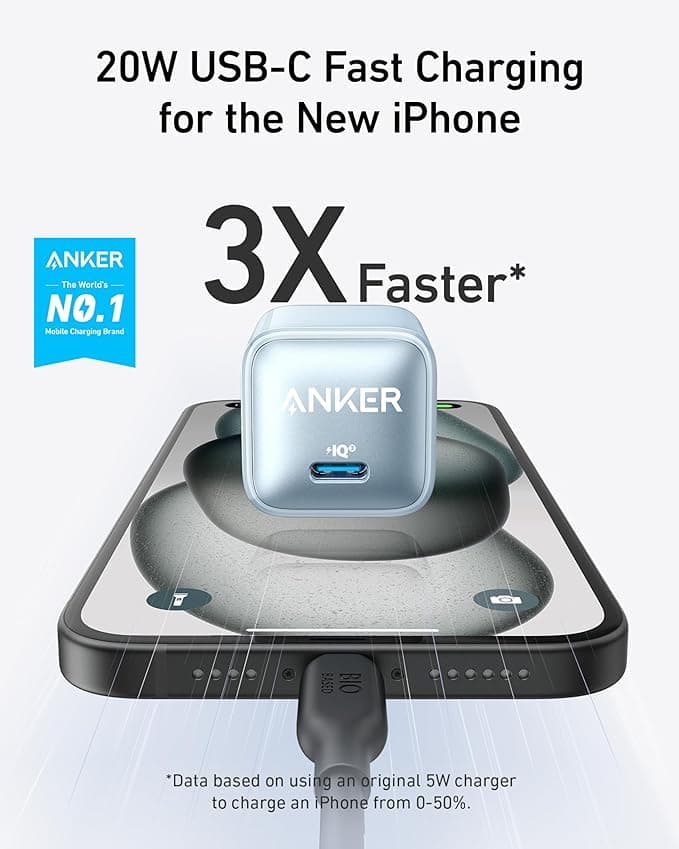 Anker USB C Charger Block, 20W PIQ 3.0 Compact Fast Charging for iPhone 17/16 and More Series, Galaxy, Pixel 4/3, iPad (Cable Not Included)