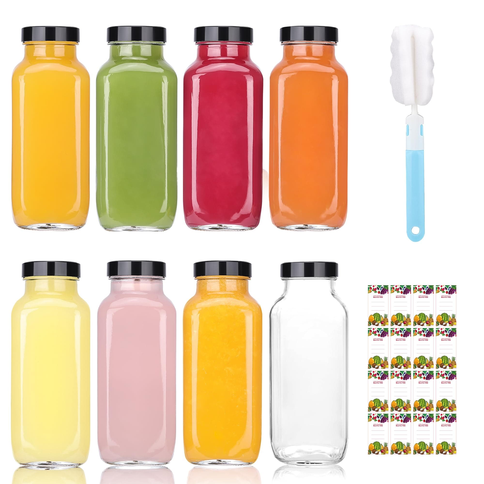 8 Pack 8 oz Glass Juice Bottles with Lids & Labels, Reusable Travel Juice Storage Containers, Clear Glass Drink Jars for Juicing, Water, Ginger, Wellness Shots - Leakproof, Dishwasher Safe