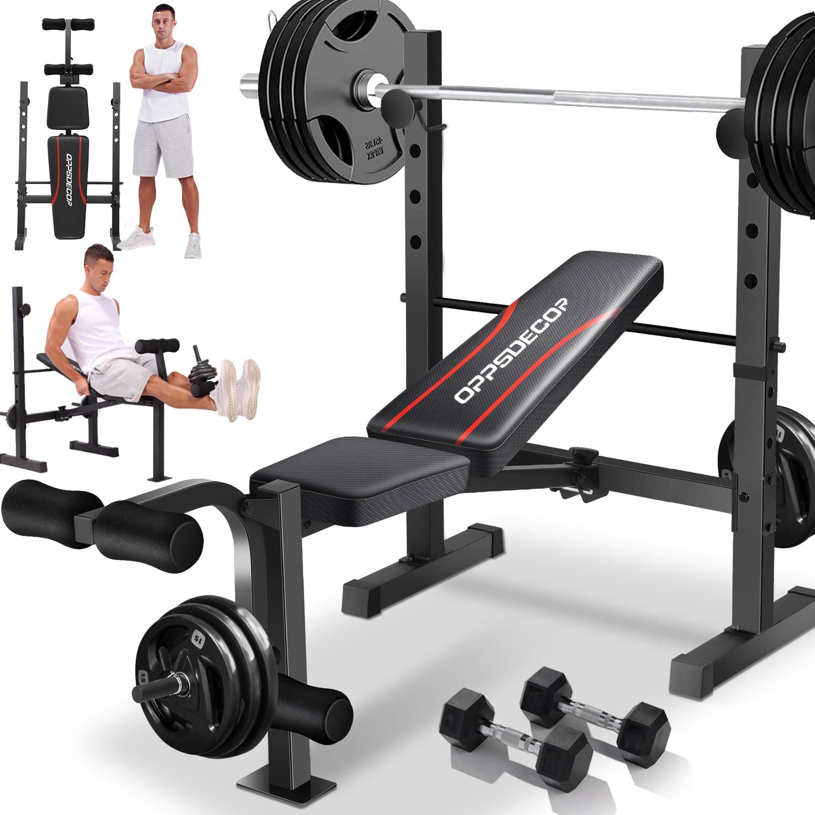 OPPSDECOR Weight Bench, 600LBS Adjustable Bench Press with Squat Rack & Leg Extension, 3 Sec Folding Workout Bench for Full Body Exercise, Incline Decline Flat Weight Benches for Home Gym Exercise