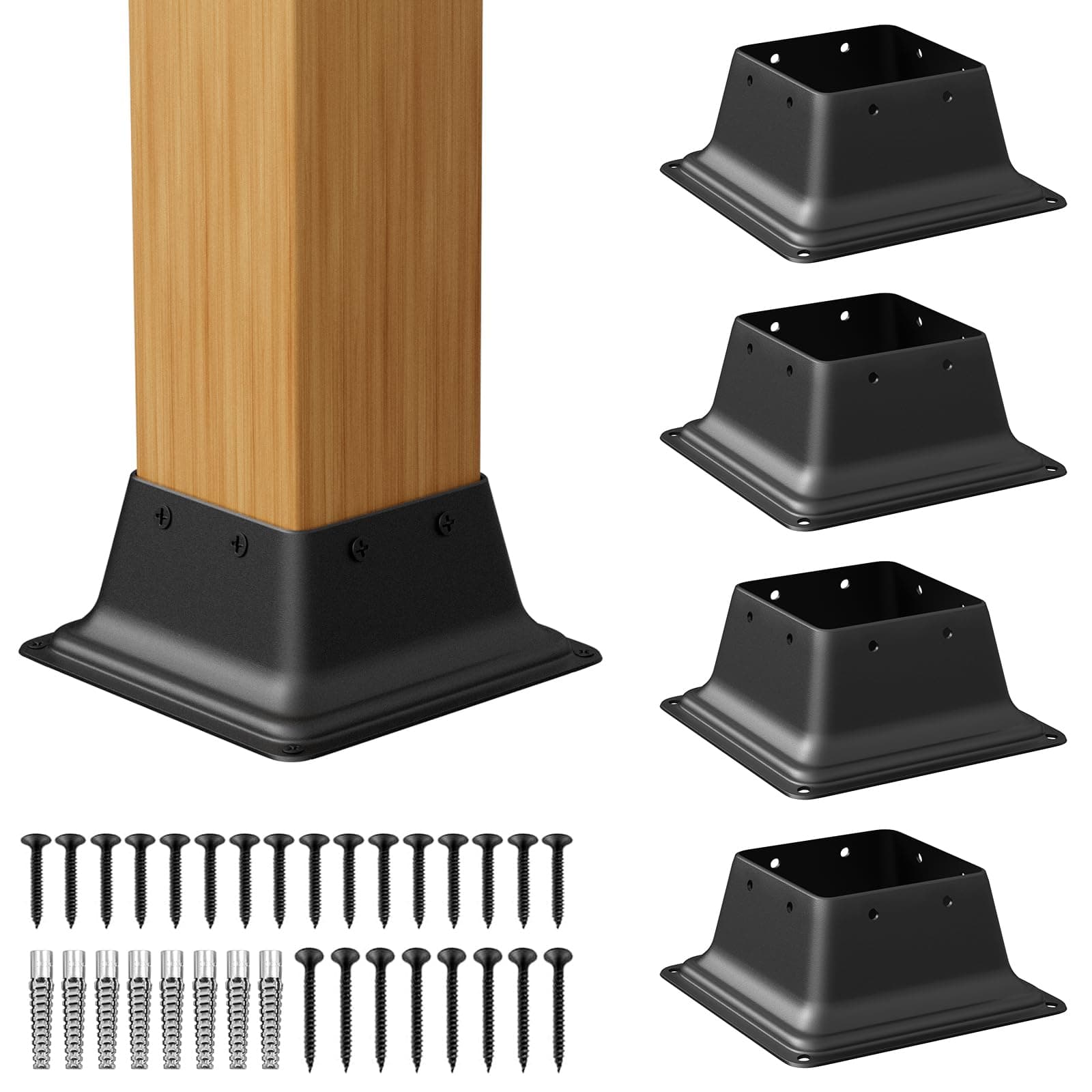 4x4 Post Base 5 Pcs Heavy Duty Steel Brackets Internal 3.6" x 3.6" Black Deck Cover Fit Standard Wood Anchor Sleeves