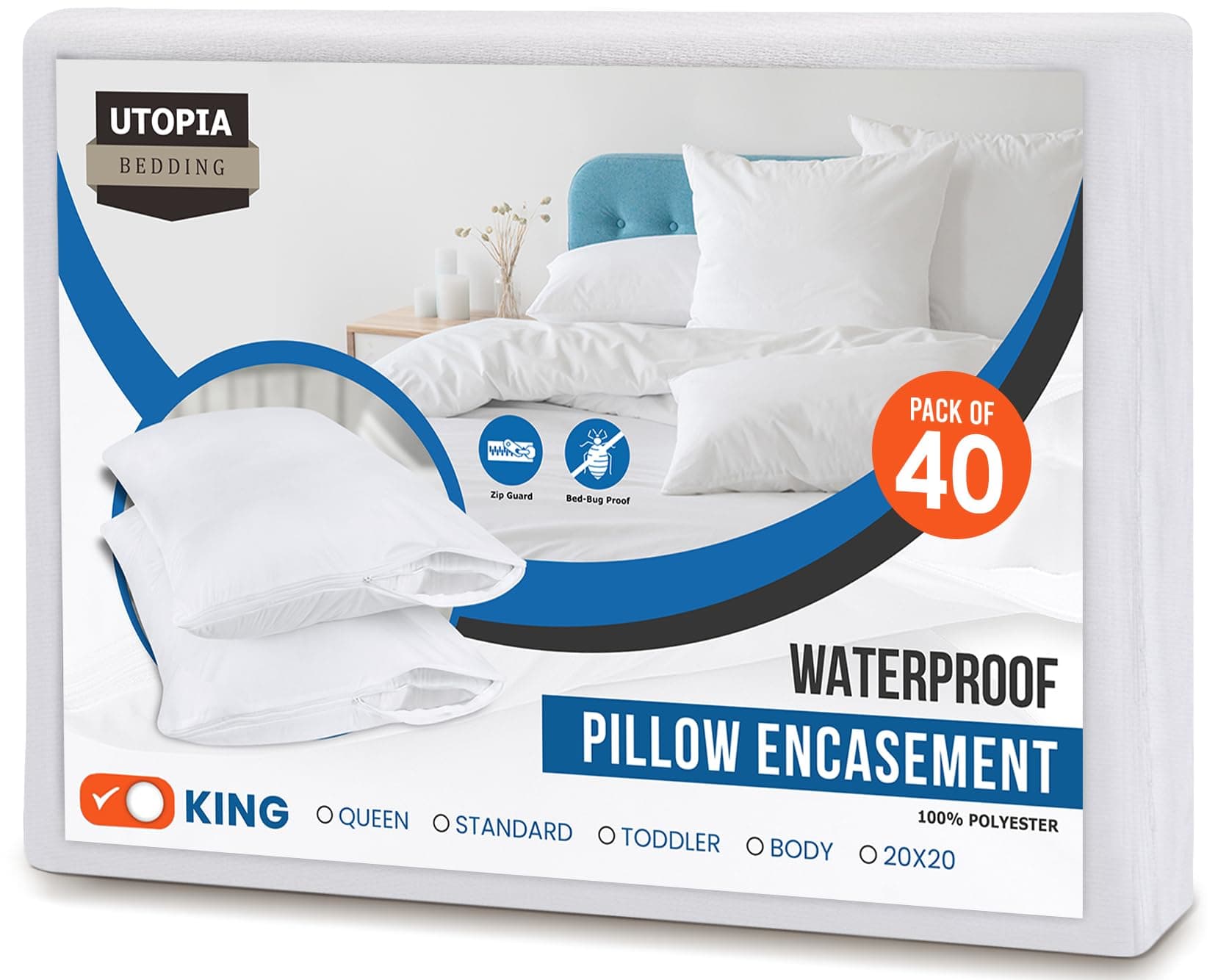 Utopia Bedding Premium 100% Waterproof Pillow Protectors with Zipper King Size (Set of 40), Bed Bug and Dust Mite Proof Zippered Pillow Covers, Pillow Encasement Cases, White